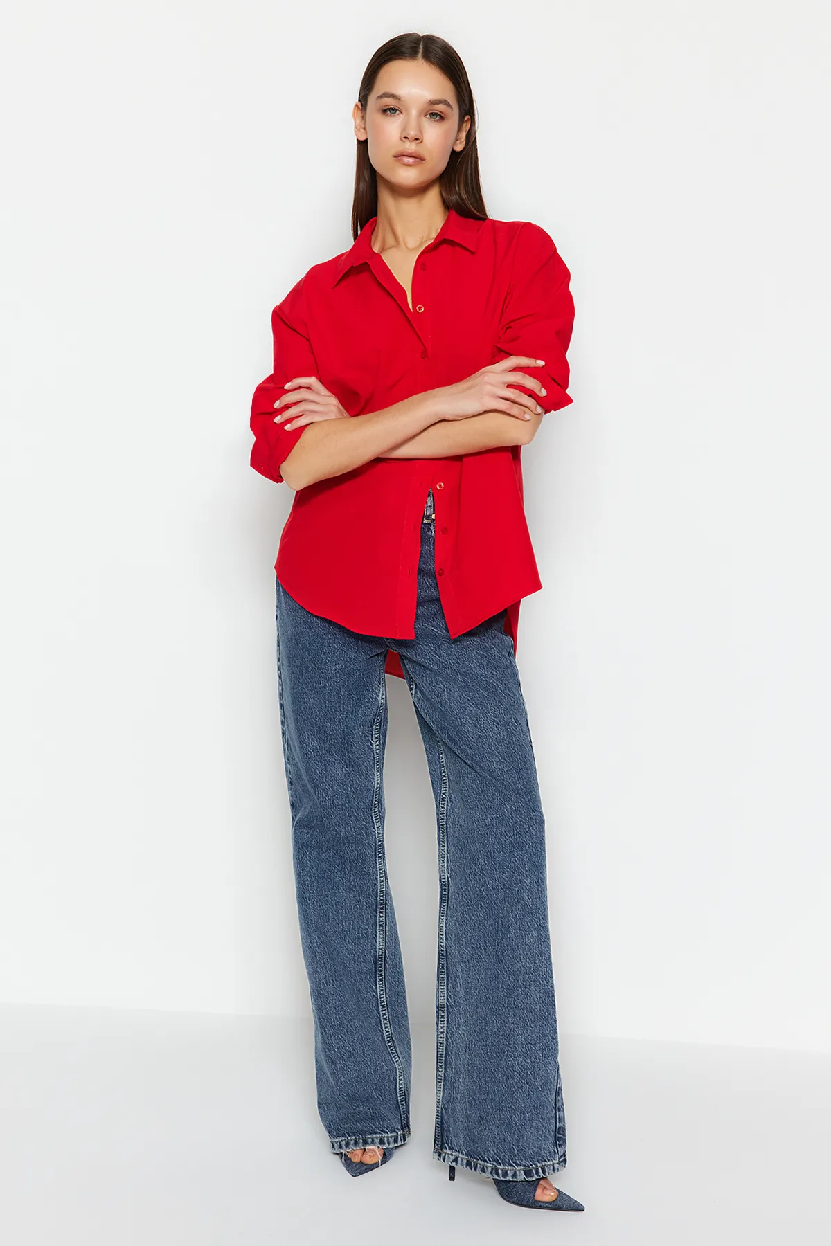 Trendyol Collection  Rotes, locker sitzendes, gewebtes Hemd TWOAW20GO0107