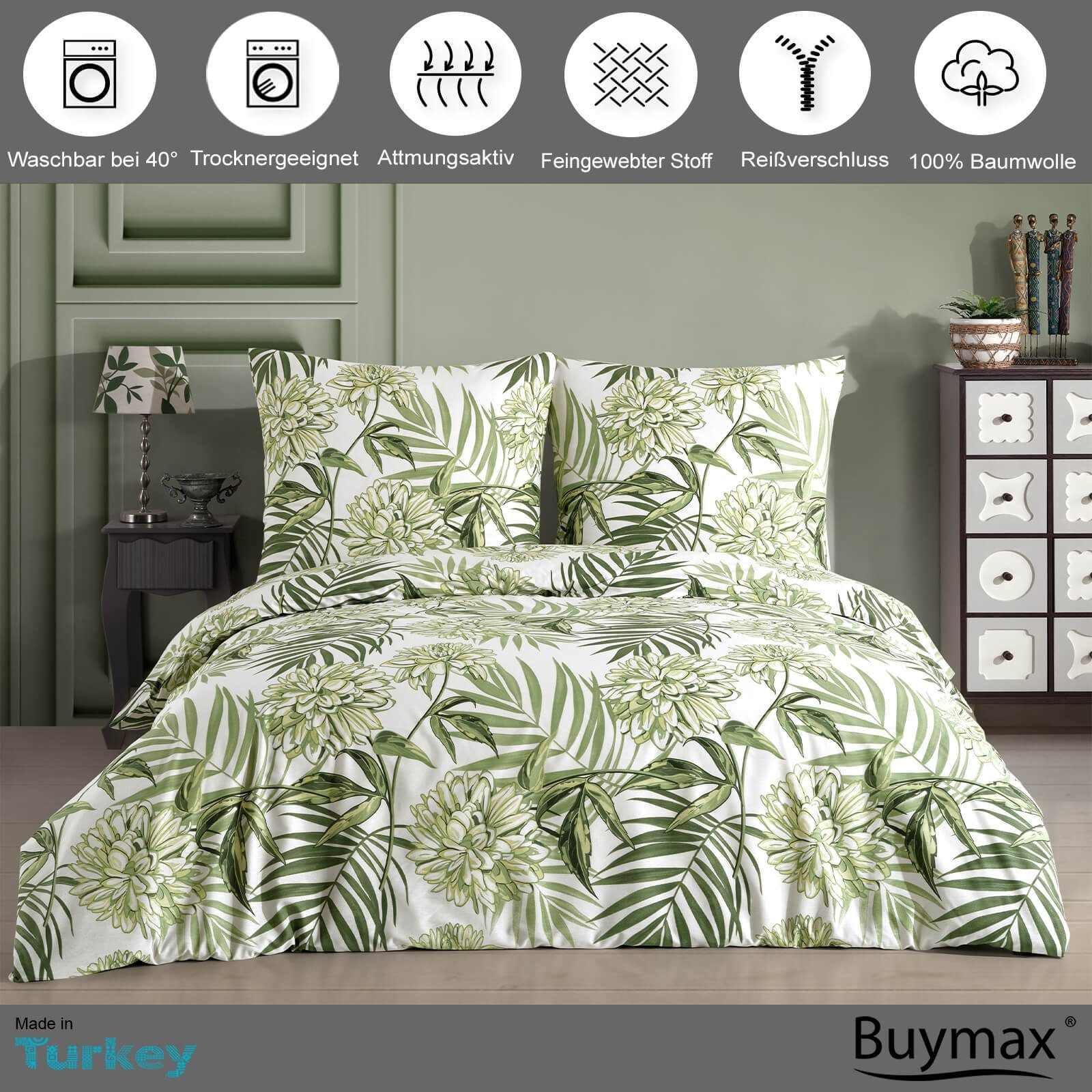 Bettwäsche, Buymax, Renforcé, 2 teilig, 100% Baumwolle Renforce 135x200 cm Kissenbezug 80x80cm mit Reißverschluss, Blumen, Eukalyptus, Grün