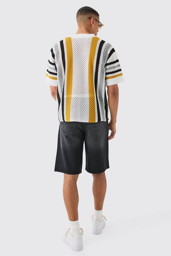 Oversized Boxy Open Stitch Stripe Polo In White