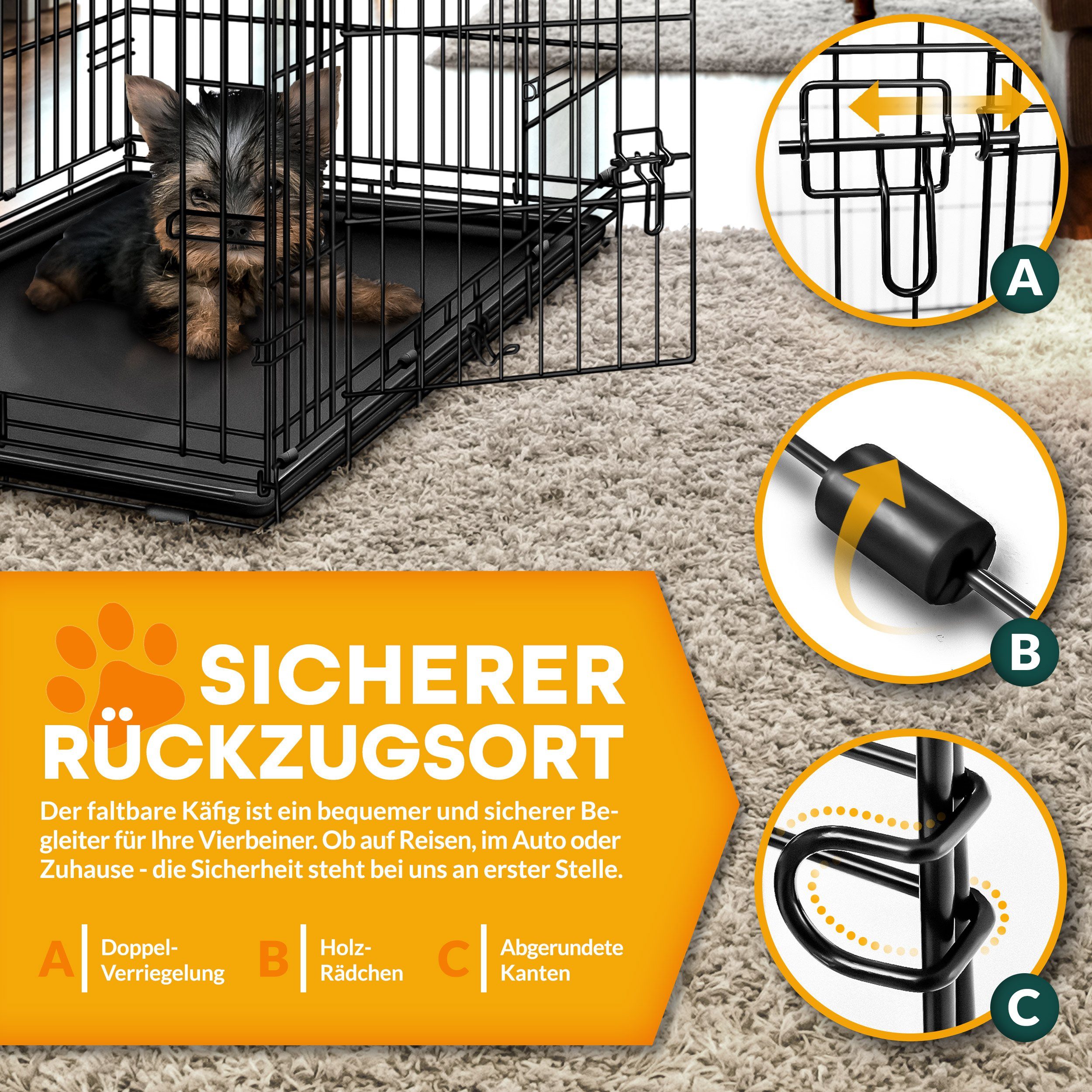 TRESKO Hundekäfig Metall Transportkäfig Auto faltbar mit 2 Türen, Hundebox mit Bodenschale, Transportbox Drahtkäfig