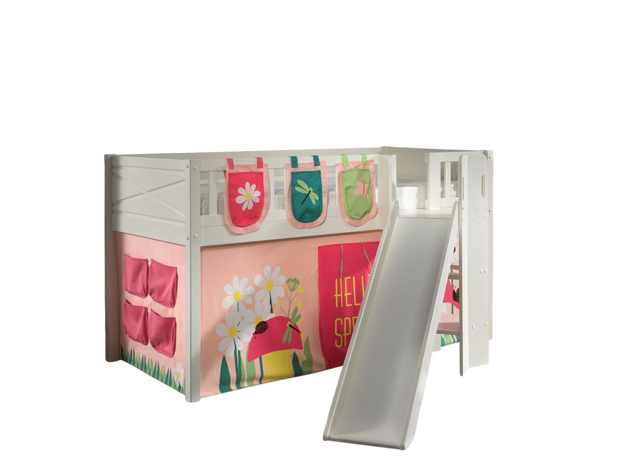 VIPACK Spielbett SCOTT, LF 90 x 200 cm, mit Rolllattenrost, Rutsche, Leiter und Textilset Vorhang und 3 Taschen 