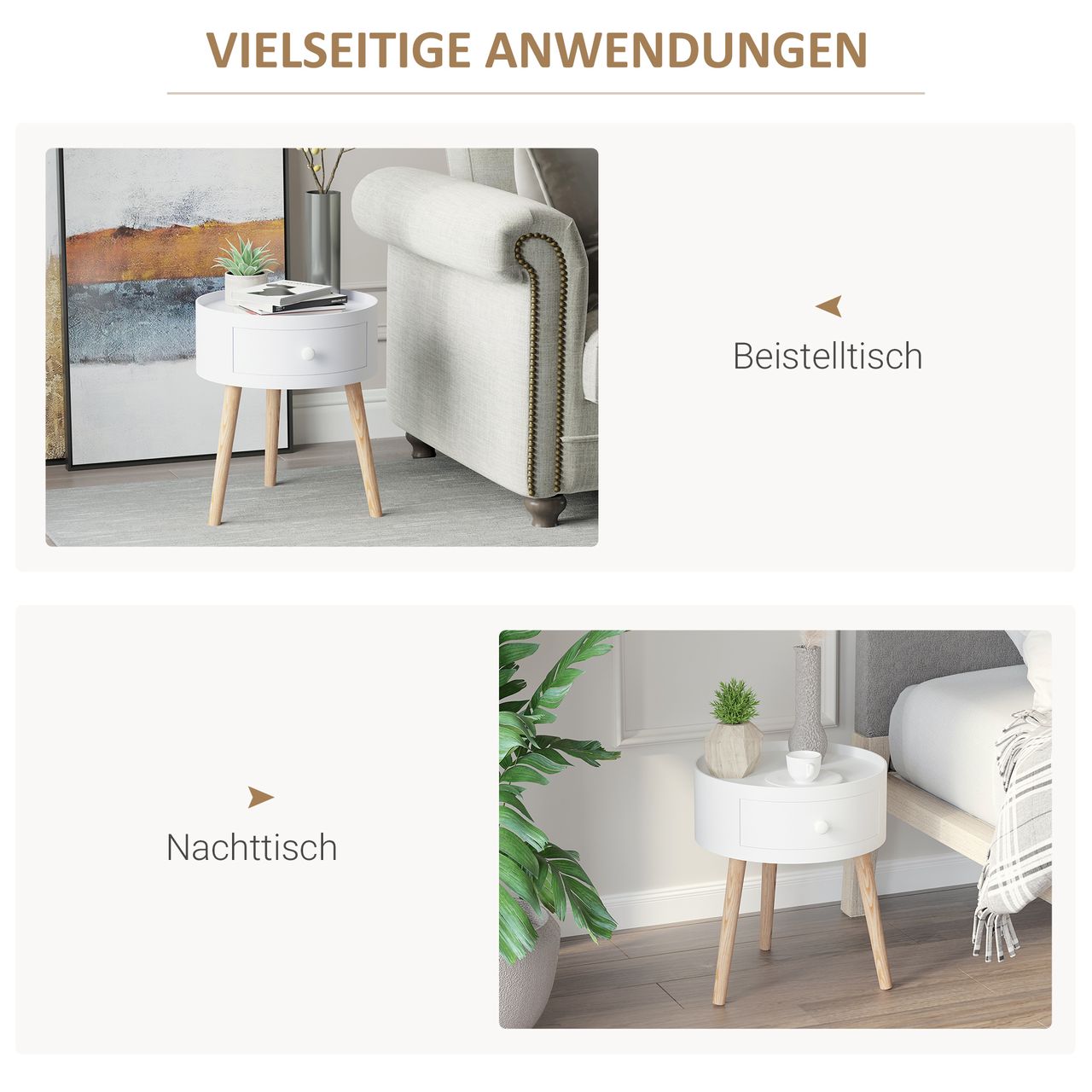 HOMCOM Couchtisch, Beistelltisch mit Schublade Runder Kaffeetisch bis 50 kg Weiß