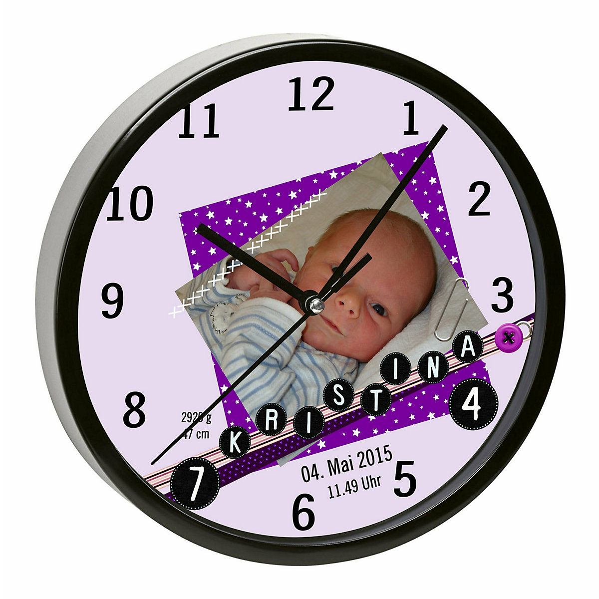 Kinder Wanduhr laufruhig personalisiert mit Name Scrapbooking lila