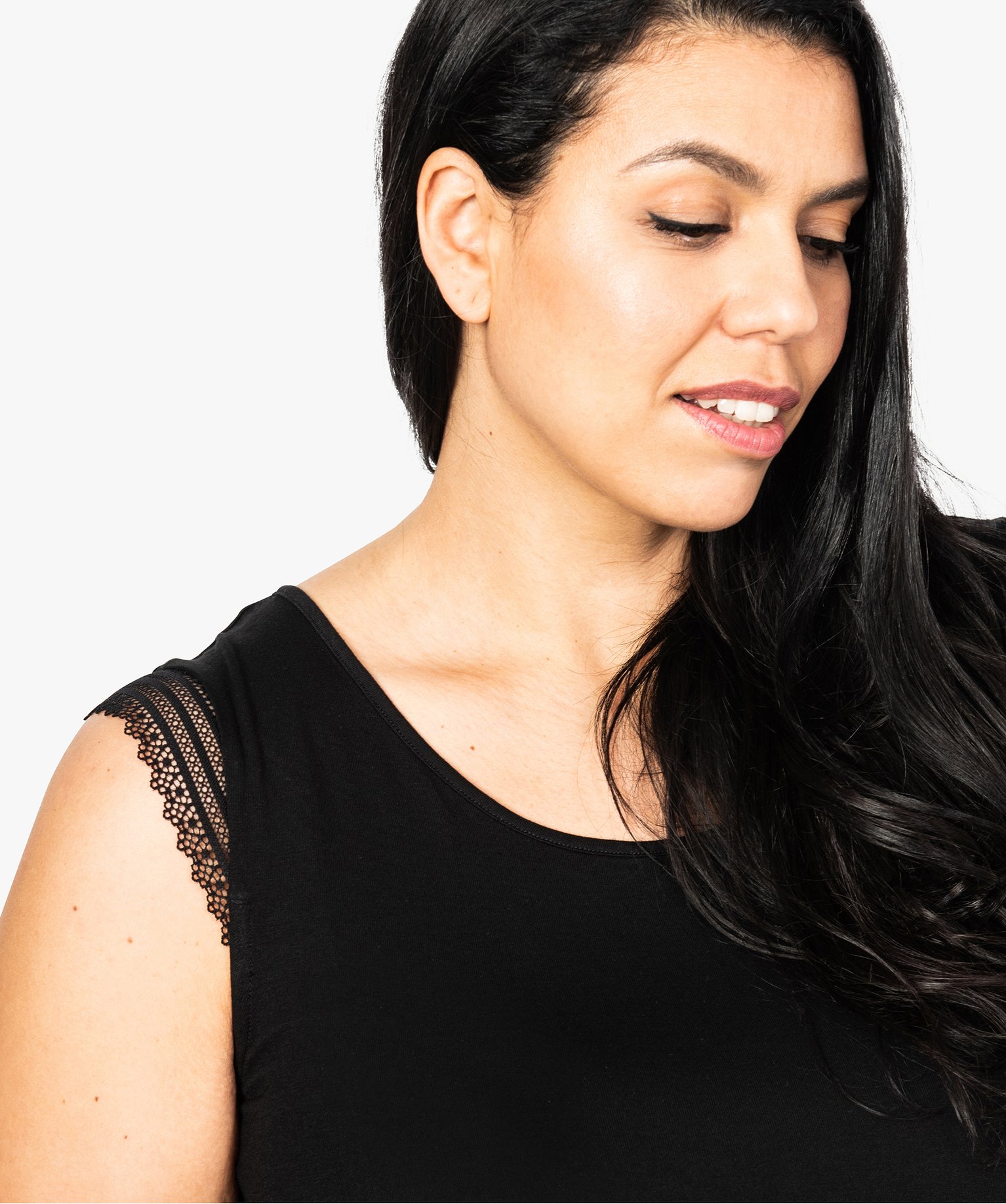 Haut de pyjama femme grande taille à mancherons dentelle noir | GEMO