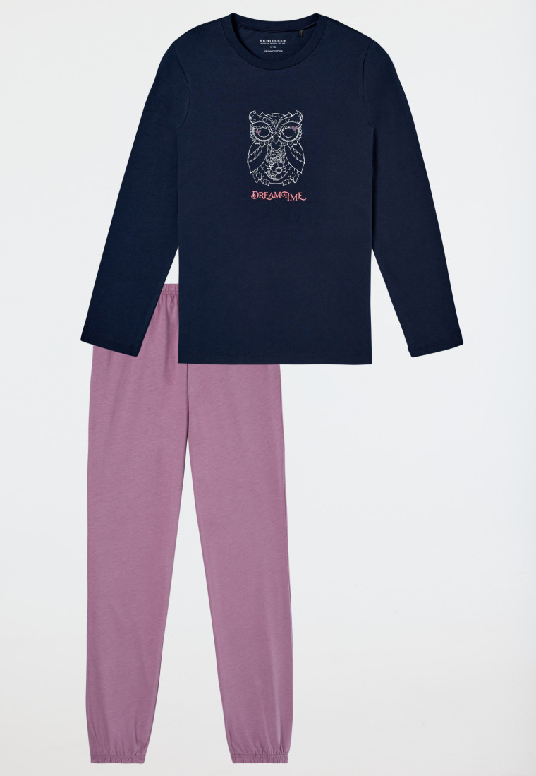 Schlafanzug lang Bündchen Eule nachtblau - Nightwear