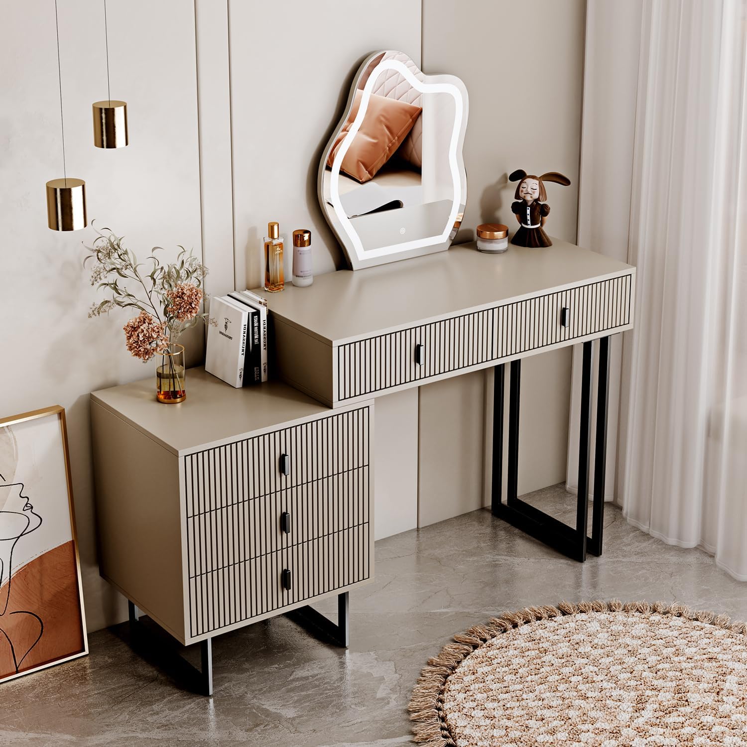 leejdn Dresser with 3 Color Touch Screen Dimming Mirror, Modern Makeup Dresser with Adjustable Cabinets and 4 Sliding Drawers, Powder Room, Bedroom Dresser Set