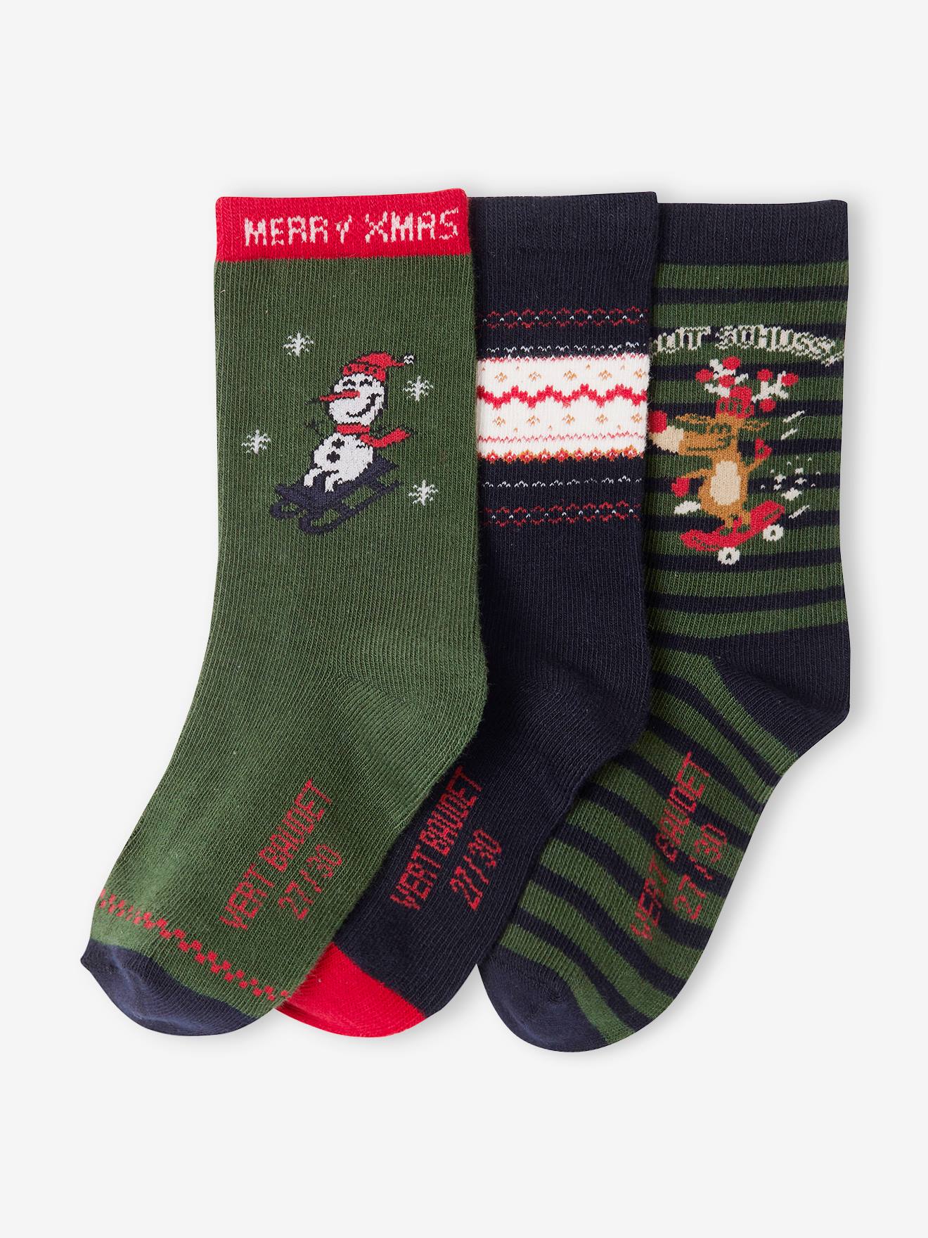 Vertbaudet Jungen Weihnachts-Geschenkset: 3er-Pack Socken Oeko-Tex - tannengrün