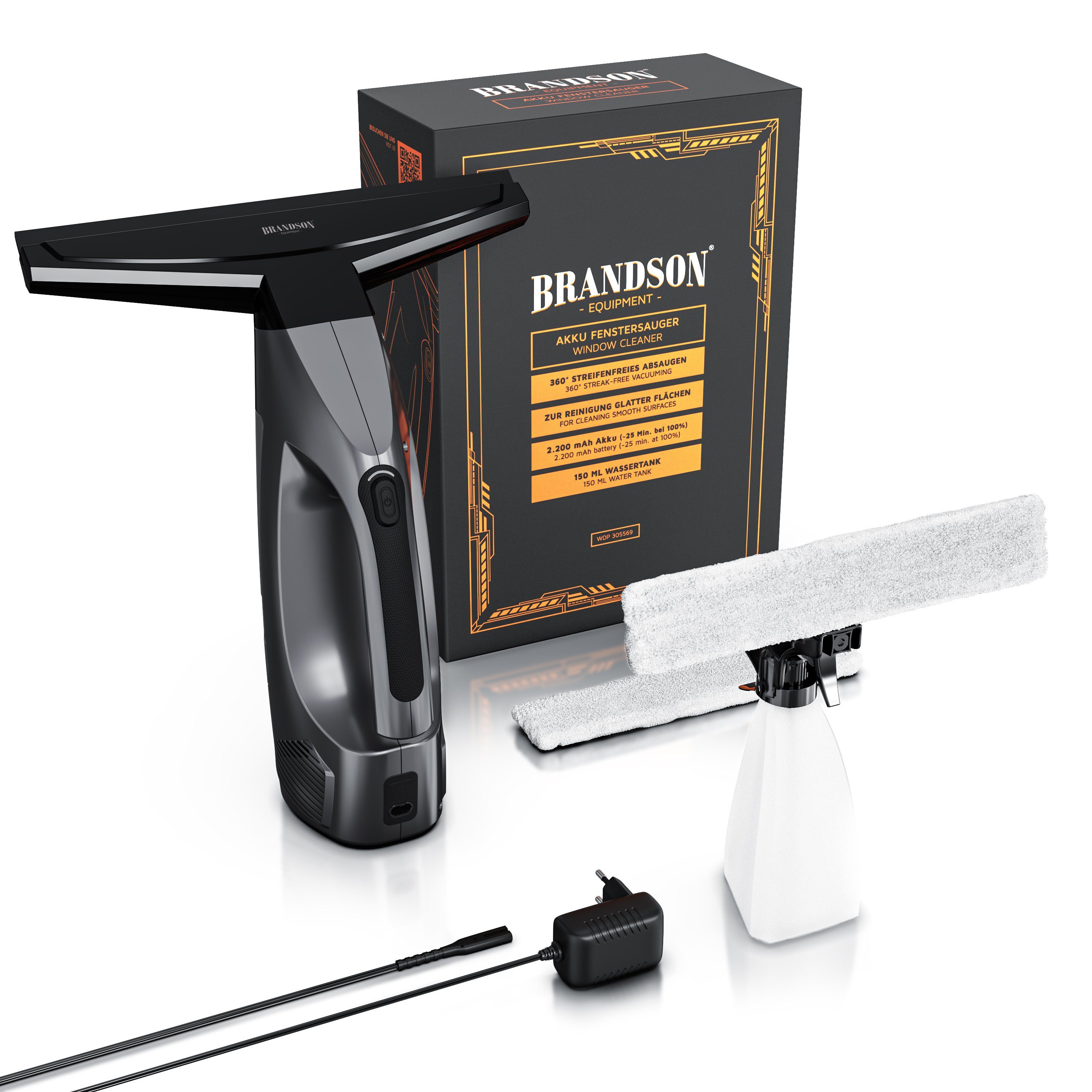 Brandson Wasch-Sauger, Akku Fenstersauger, Fensterreiniger. 2200 mAh Akku, 150 ml Wassertank