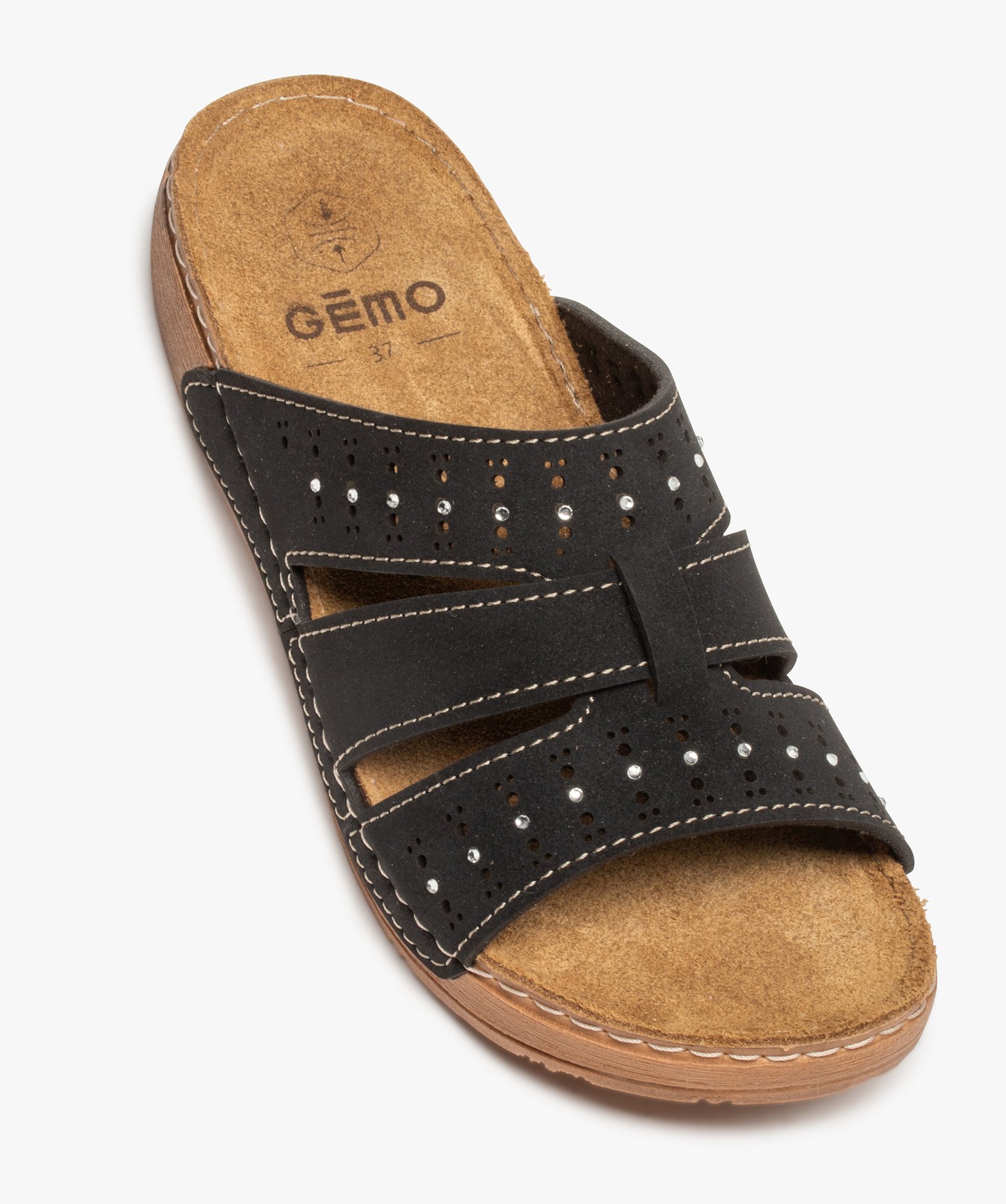 Mules confort femme légères à brides ajourées et strass noir | GEMO