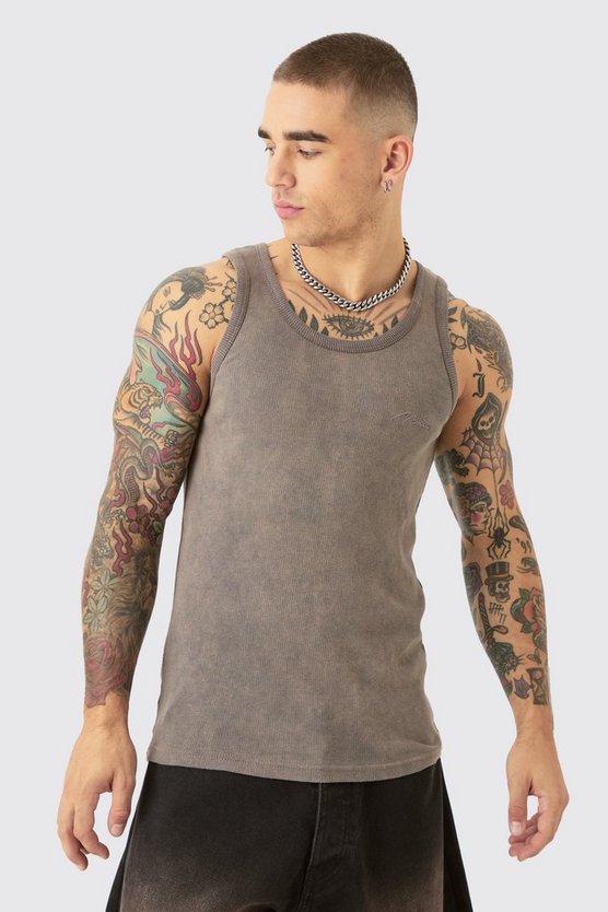 Geripptes Slim-Fit Man Signature Tanktop mit Acid-Waschung