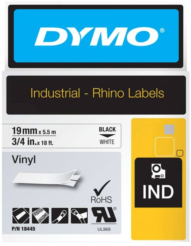 Dymo IND S0718620 / 18445 Authentic Rhino Vinyl Schriftband Selbstklebend Schwarzer Druck auf Weiß 19 mm x 5.5m