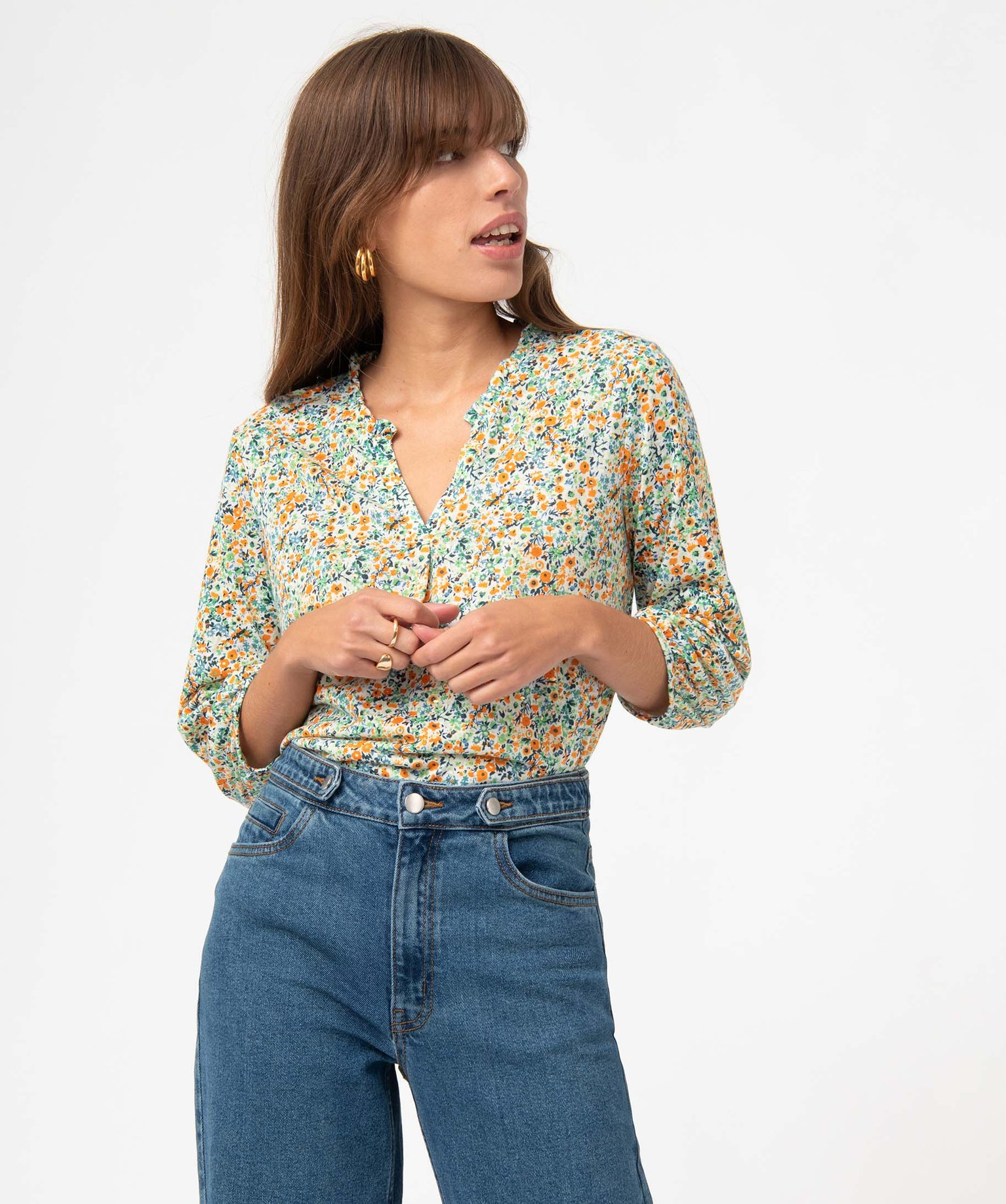 Tee-shirt femme à manches 3/4 avec décolleté en V imprime | GEMO