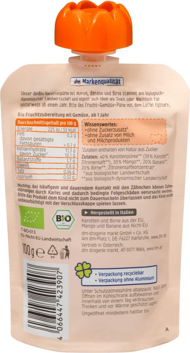 Quetschie Karotte mit Mango, Banane, Birne, ab 1 Jahr, demeter, 100 g