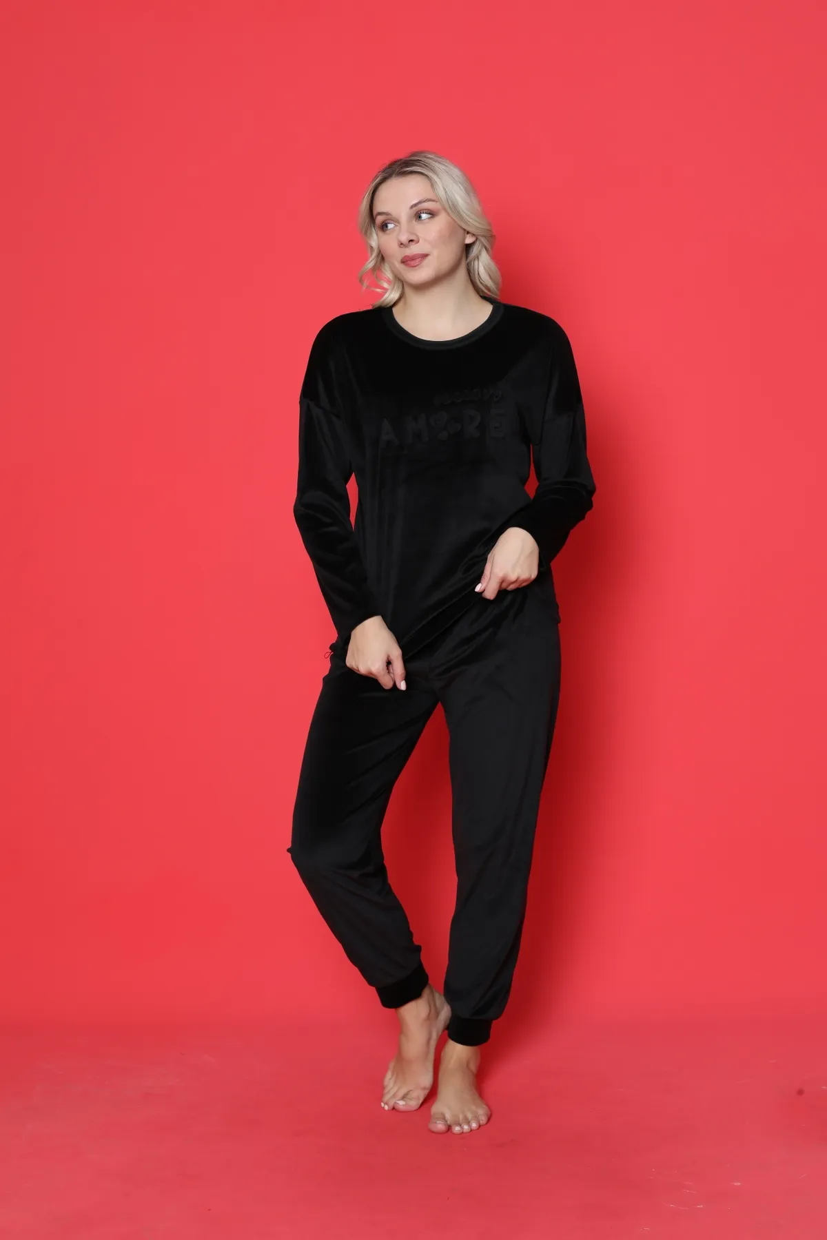 AHENGİM  Pyjama-Set für Jugendliche, französischer Samt, Amore, bedruckt, mit Spatenmanschette, Winter, saisonal, W20432250