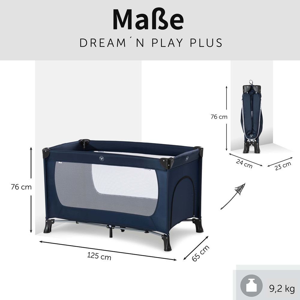 Hauck Baby-Reisebett Dream'n Play Plus - Navy, Baby Kinder Reisebett mit Matratze, 2 Spannbettlaken & Insektenschutz