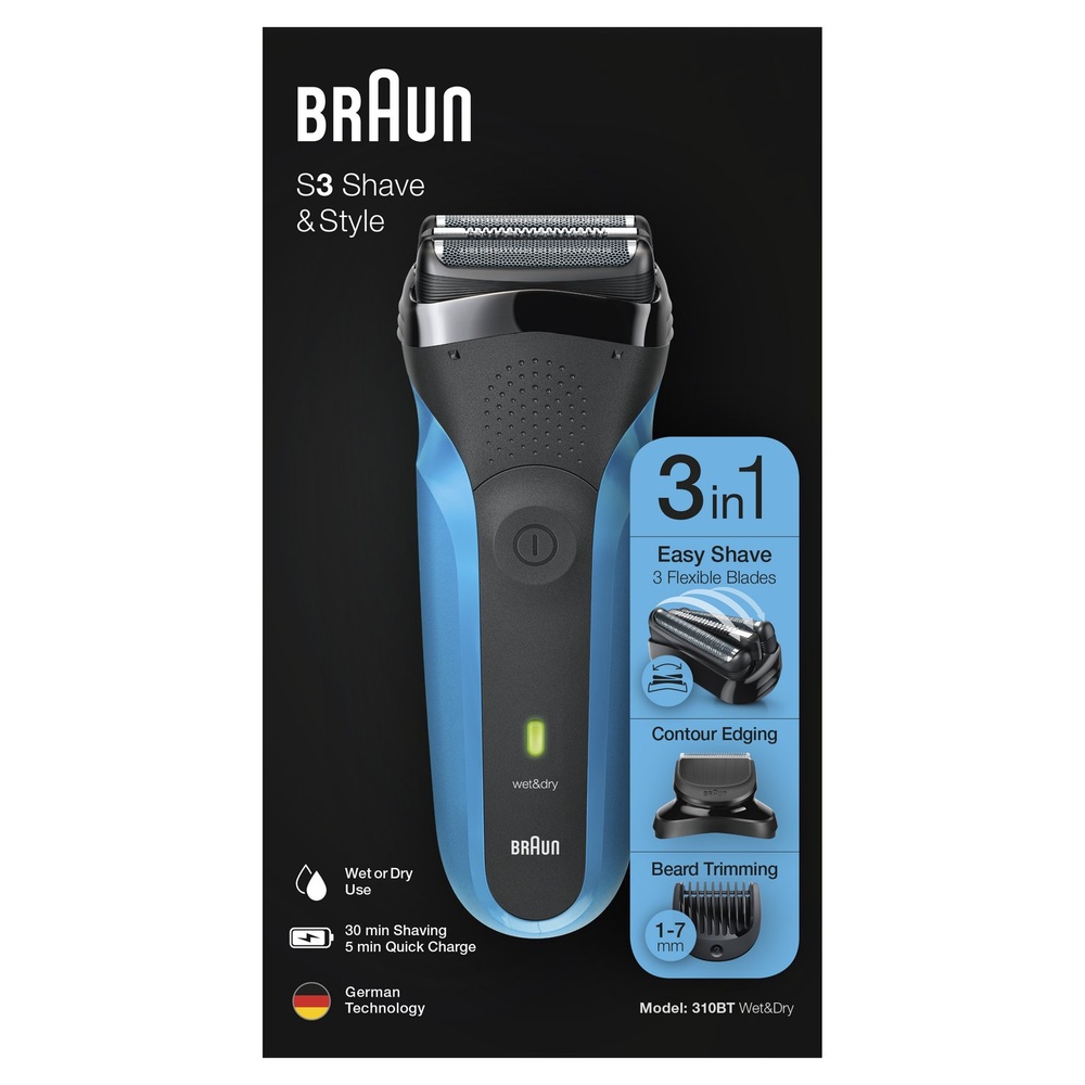 braun Braun S3 Shave&Style Rasoir Électrique Barbe Homme 3-En-1, Technologie Wet & Dry Rasoir Electrique