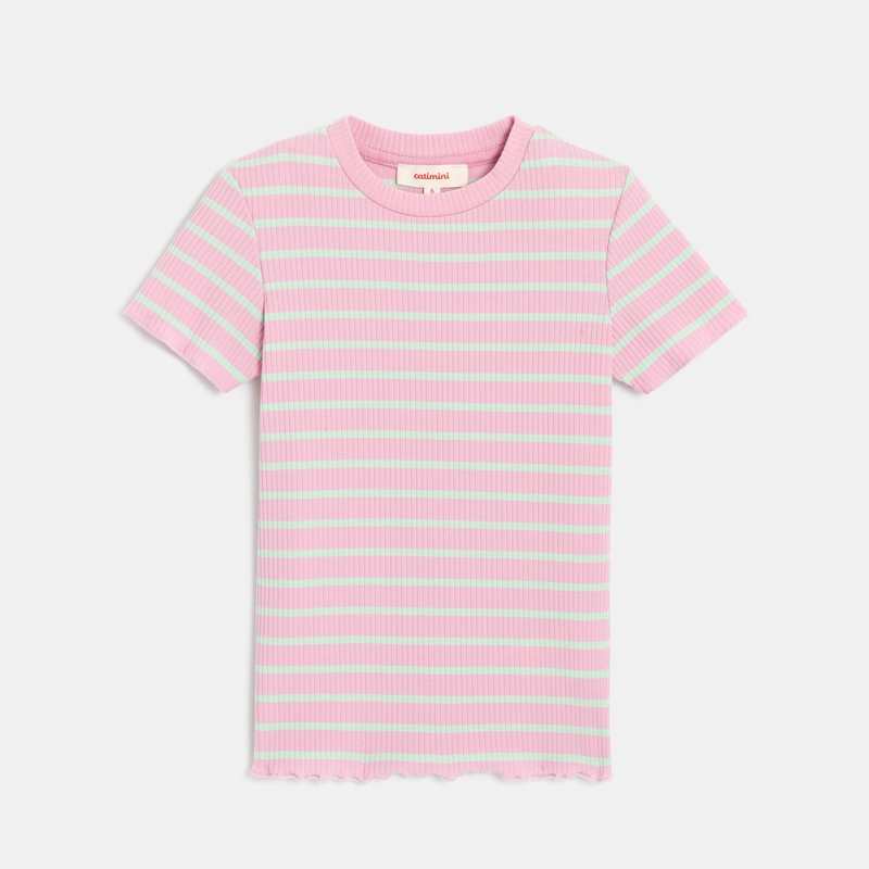 T-shirt fille rayé rose et vert en coton côtelé fille Catimini