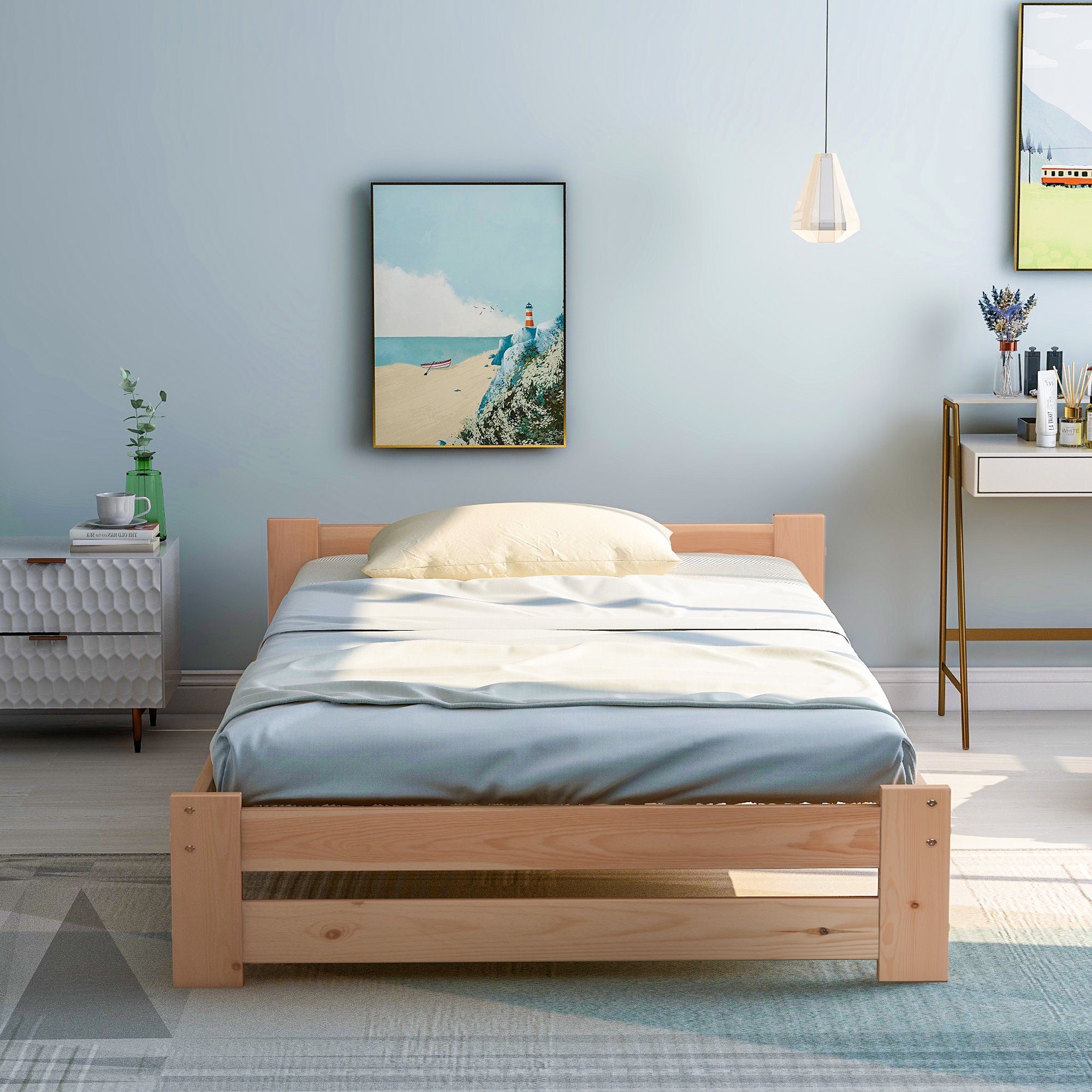 KLAM HOME Massivholzbett 90-140x200cm Massivholzbett Massivbettgestell Holzbett (für Kinder-,Jugend-und Schlafzimmer, Bettrahmen Lattenrost Familienbett), Einzelbett Doppelbett Botenbett aus Kiefernholz Bettrahmen