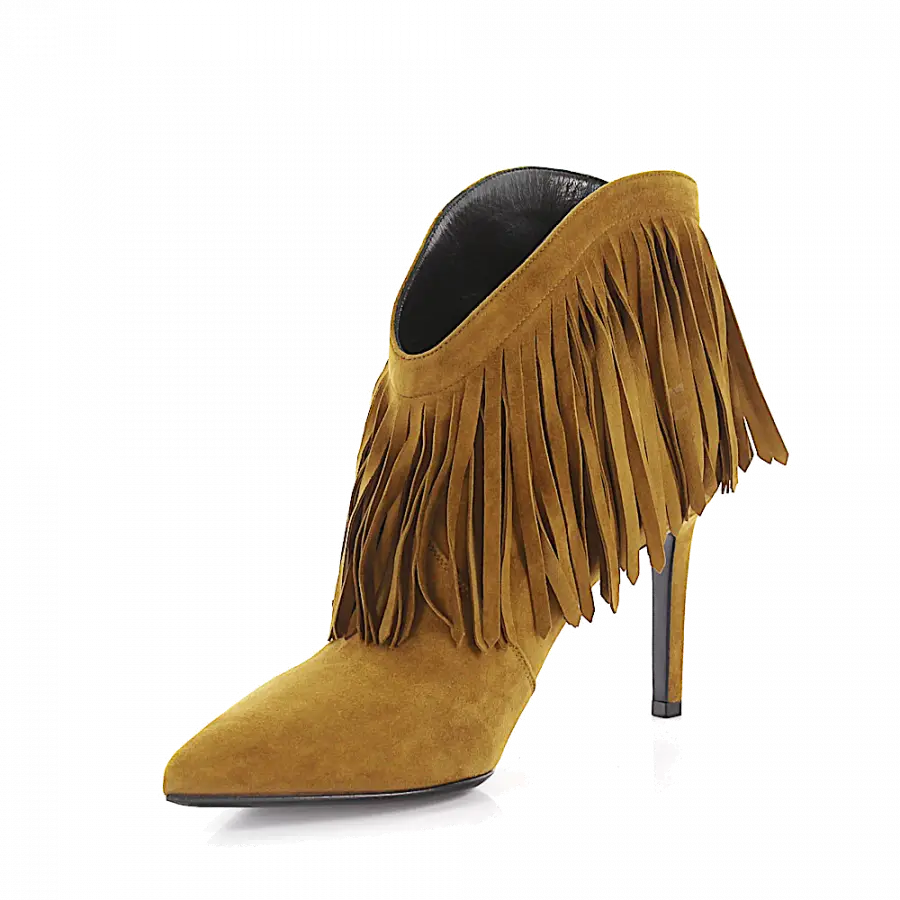 Saint Laurent - High Heels Stiefeletten Veloursleder Fransen beige - beige