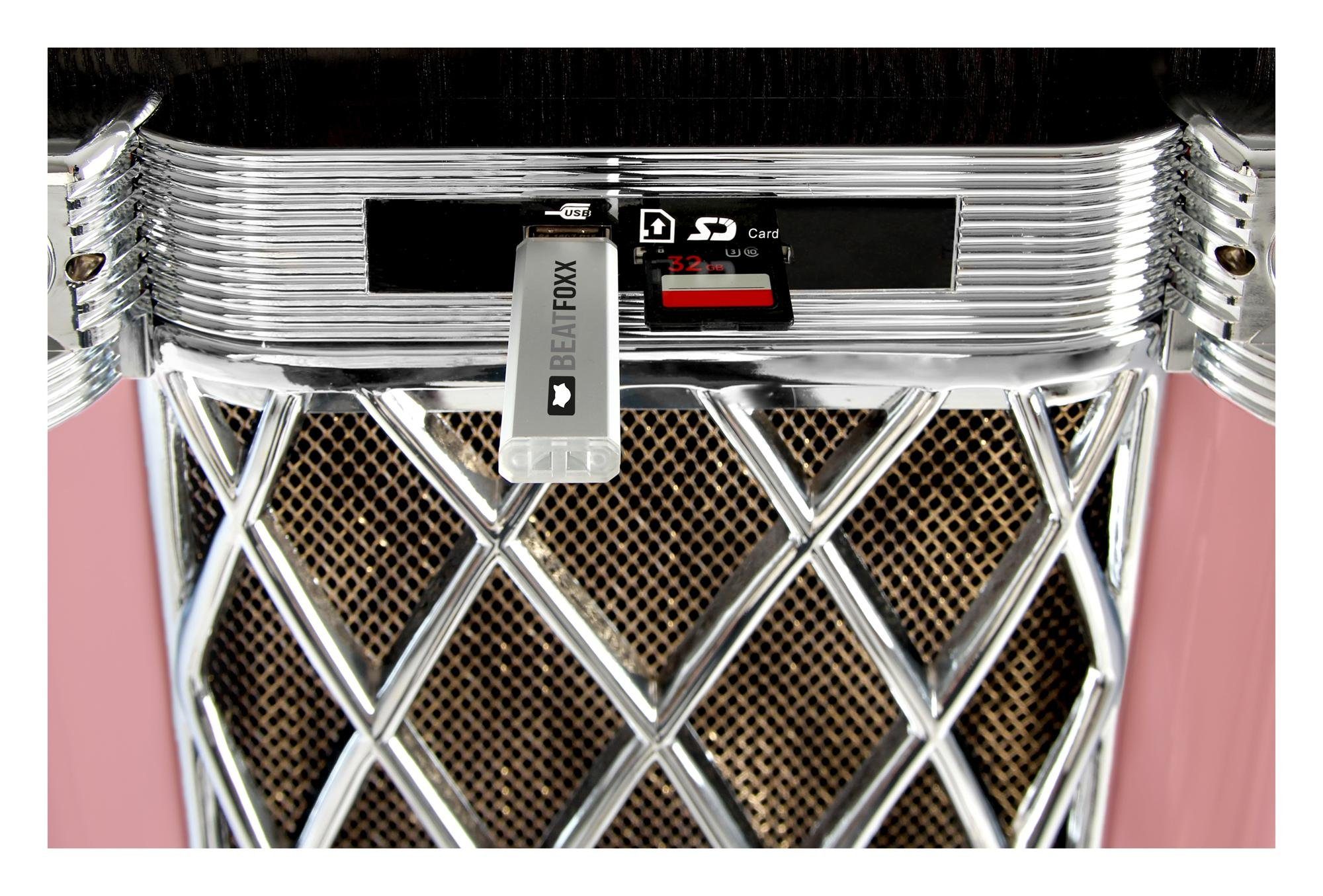 Beatfoxx GoldenAge XXL Jukebox mit Plattenspieler inkl. Untergestell Stereoanlage (UKW/MW-Radio, 60 W, Retro Musikbox mit LED-Beleuchtung, CD-Player, Bluetooth, USB-SD, AUX)