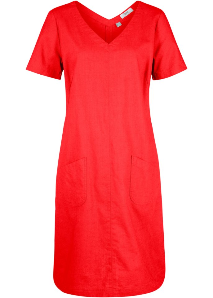 Knielanges Kleid mit Leinen und V-Ausschnitt, Halbarm
