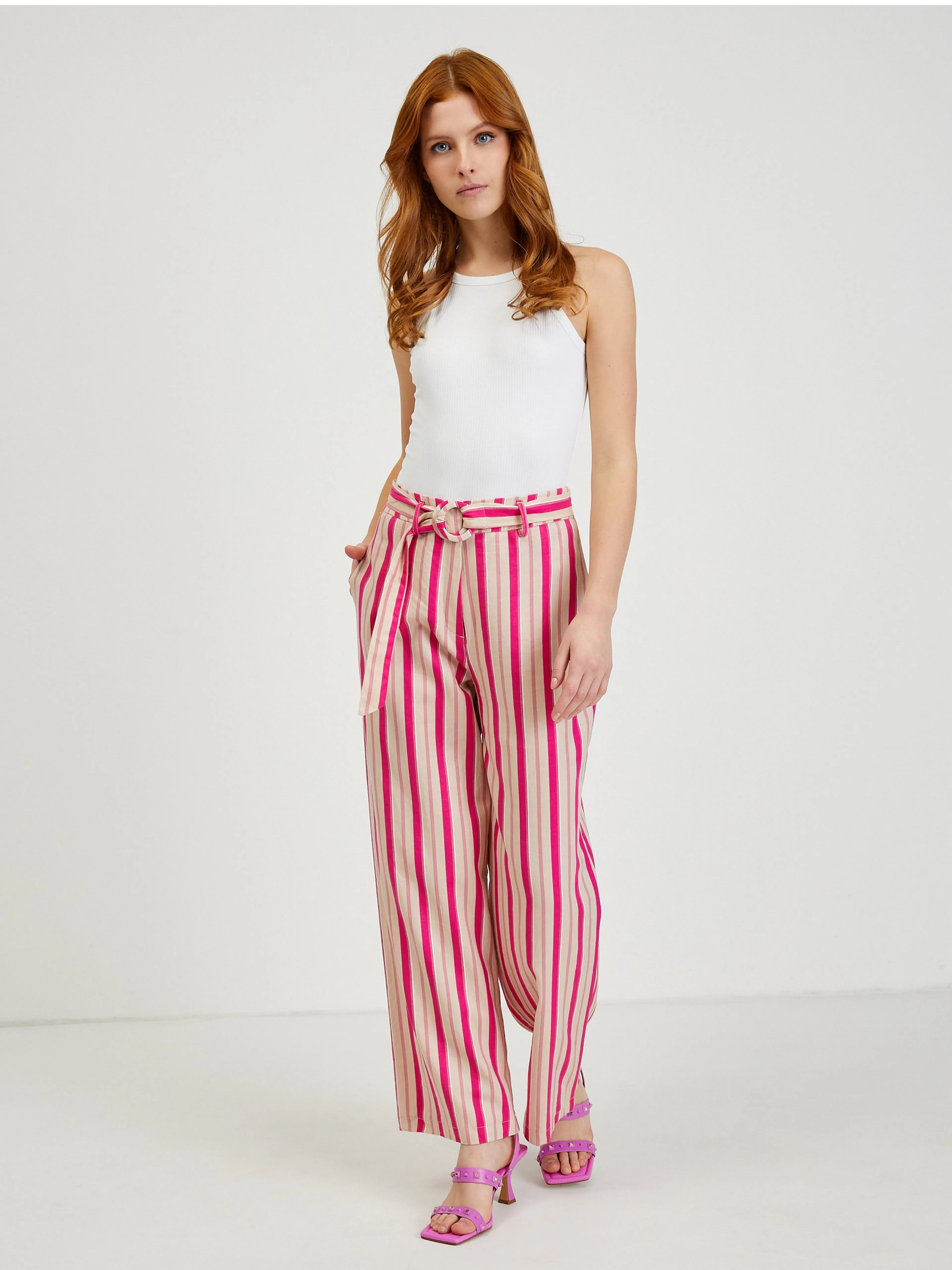 Rosa gestreifte Damen Leinenhose ORSAY