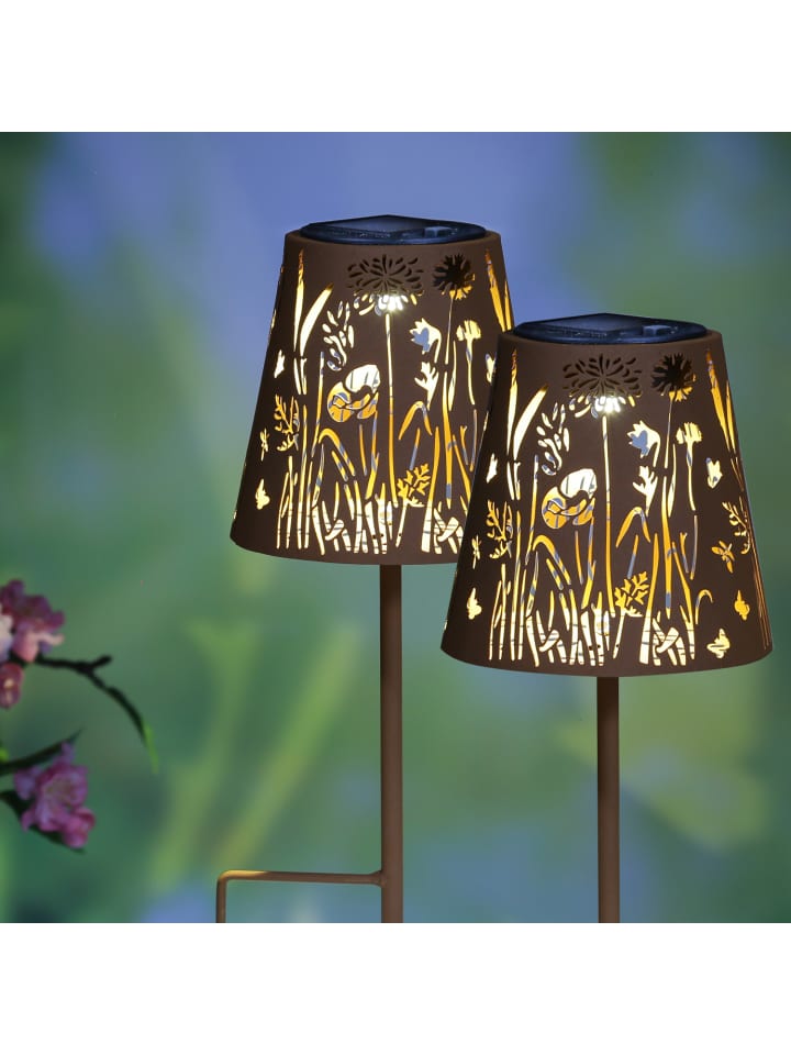 MARELIDA 2x LED Solar Gartenleuchten Blumenmuster Gartenstecker H: 58cm in rostbraun günstig kaufen onesize