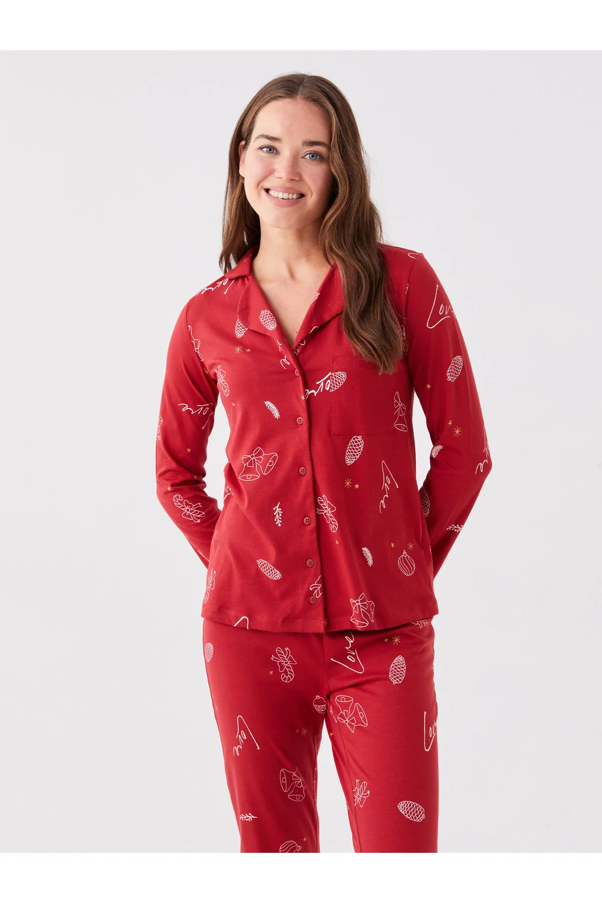 LC Waikiki  Langarm-Damenpyjama-Set mit Hemdkragen und Neujahrsmotiv