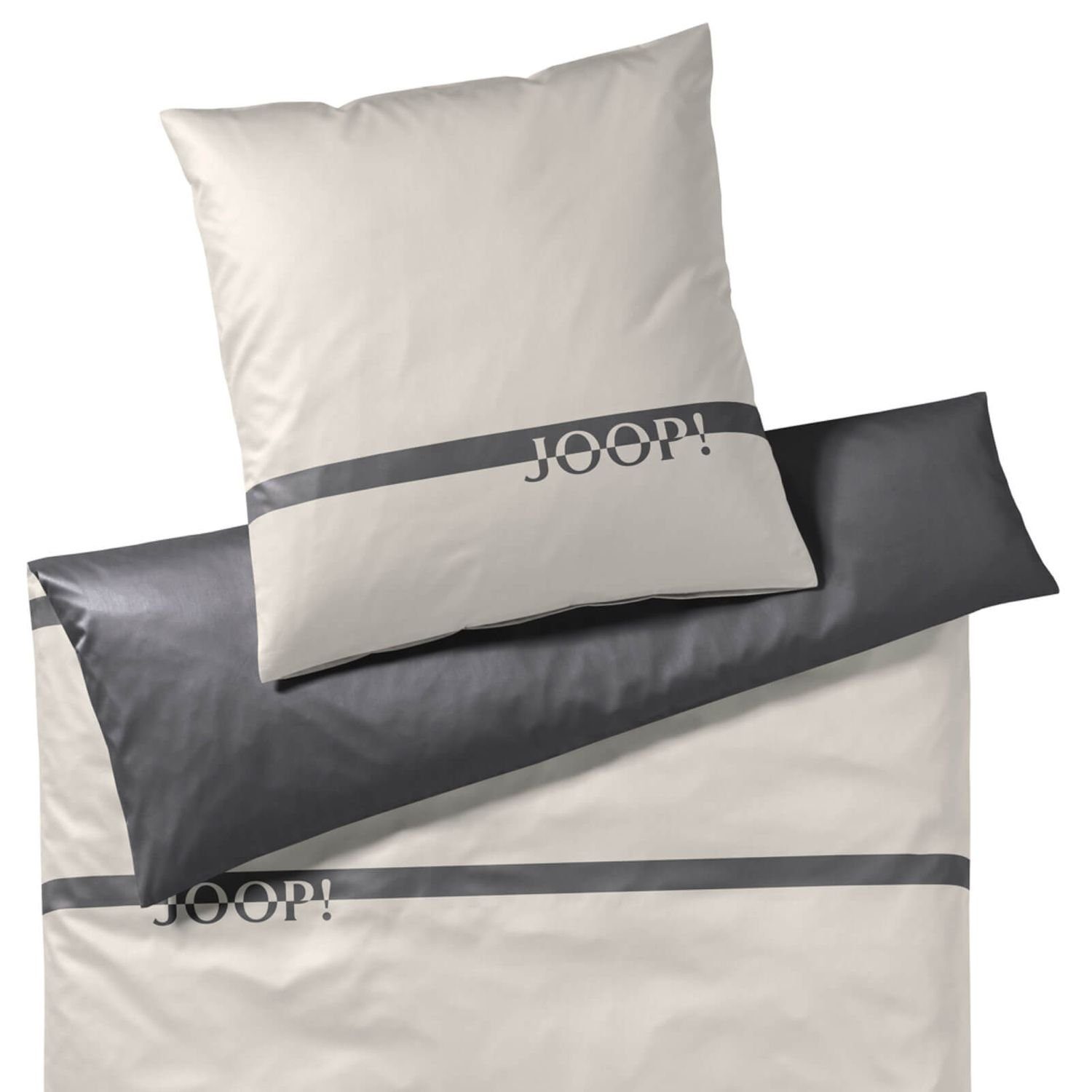 Bettwäsche Logo Stripes 4101 9 Stone, Joop!, Mako-Satin, 2 teilig, Logo, Schriftzug, Streifen