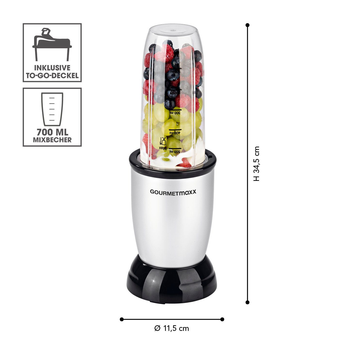 GOURMETmaxx Smoothie-Maker Nutrition Mixer 4-tlg., 500,00 W, inkl. To Go Deckel, Mixbecher 700ml