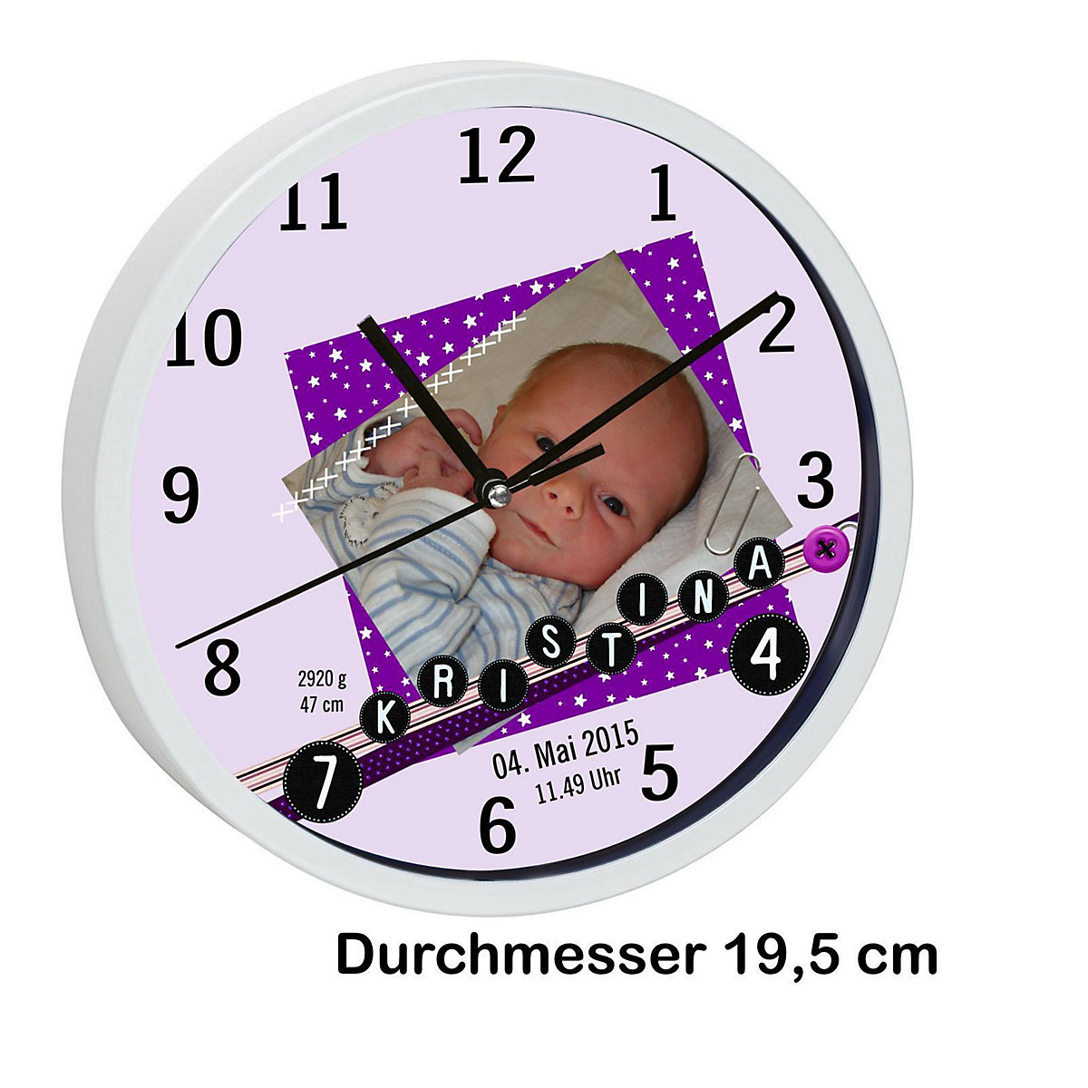 Kinder Wanduhr personalisiert mit Name Scrapbooking lila