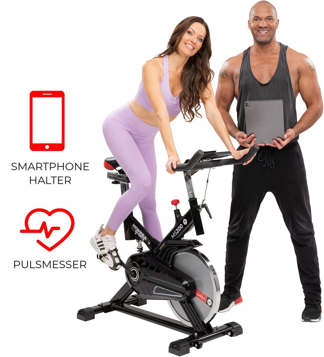 Miweba Sports Speedbike Profi Indoor Cycle Bike MS200 - 13 Kg Schwungmasse (Sportgeräte für zu hause, Heimtrainer Fahrrad, Trimmrad, Fahrradtrainer, Cardio, Sport, Training, Ganzkörpertraining, 1-tlg., Pulsmesser, LCD Display, Handy & Tablethalterung