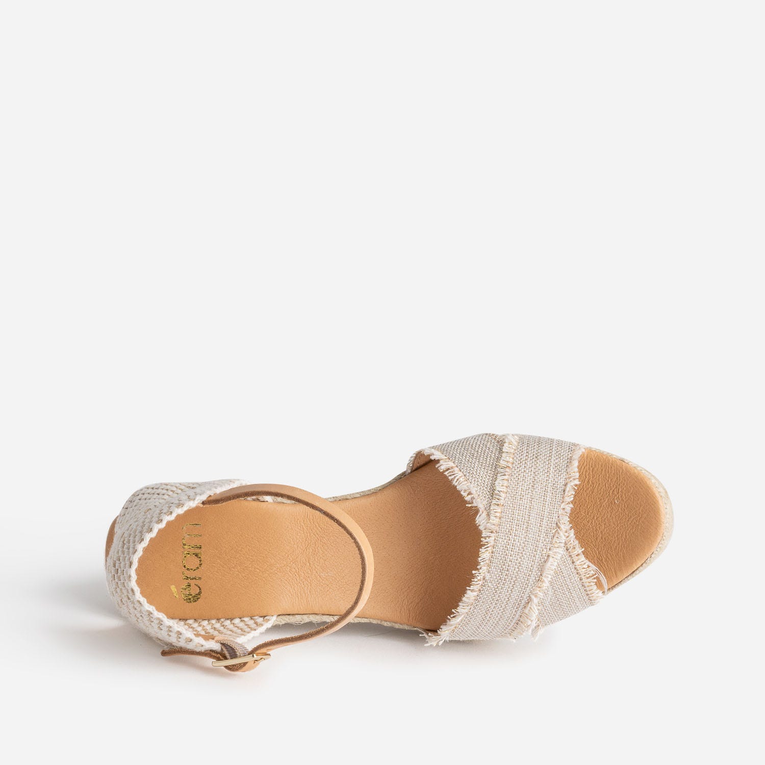 Sandale compensée beige pailleté doré en toile