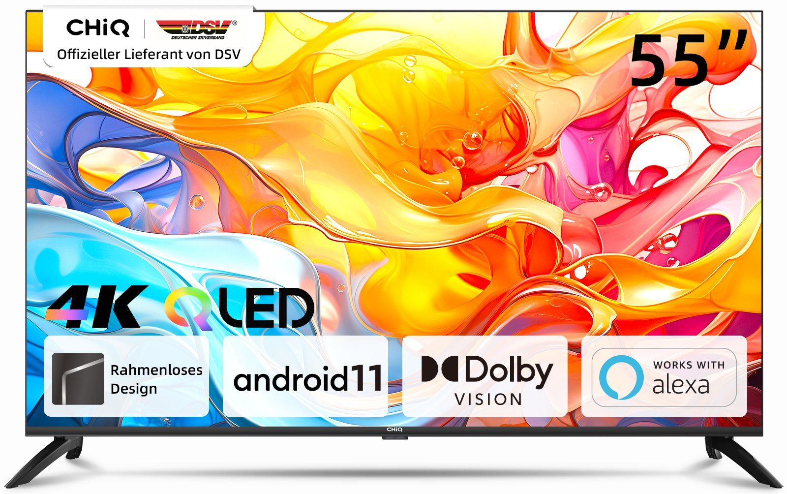 CHiQ U55QH7C QLED-Fernseher (139,00 cm/55 Zoll, 4K Ultra HD, Smart-TV, Android TV, WCG,Rahmlos design, Google Assistant)