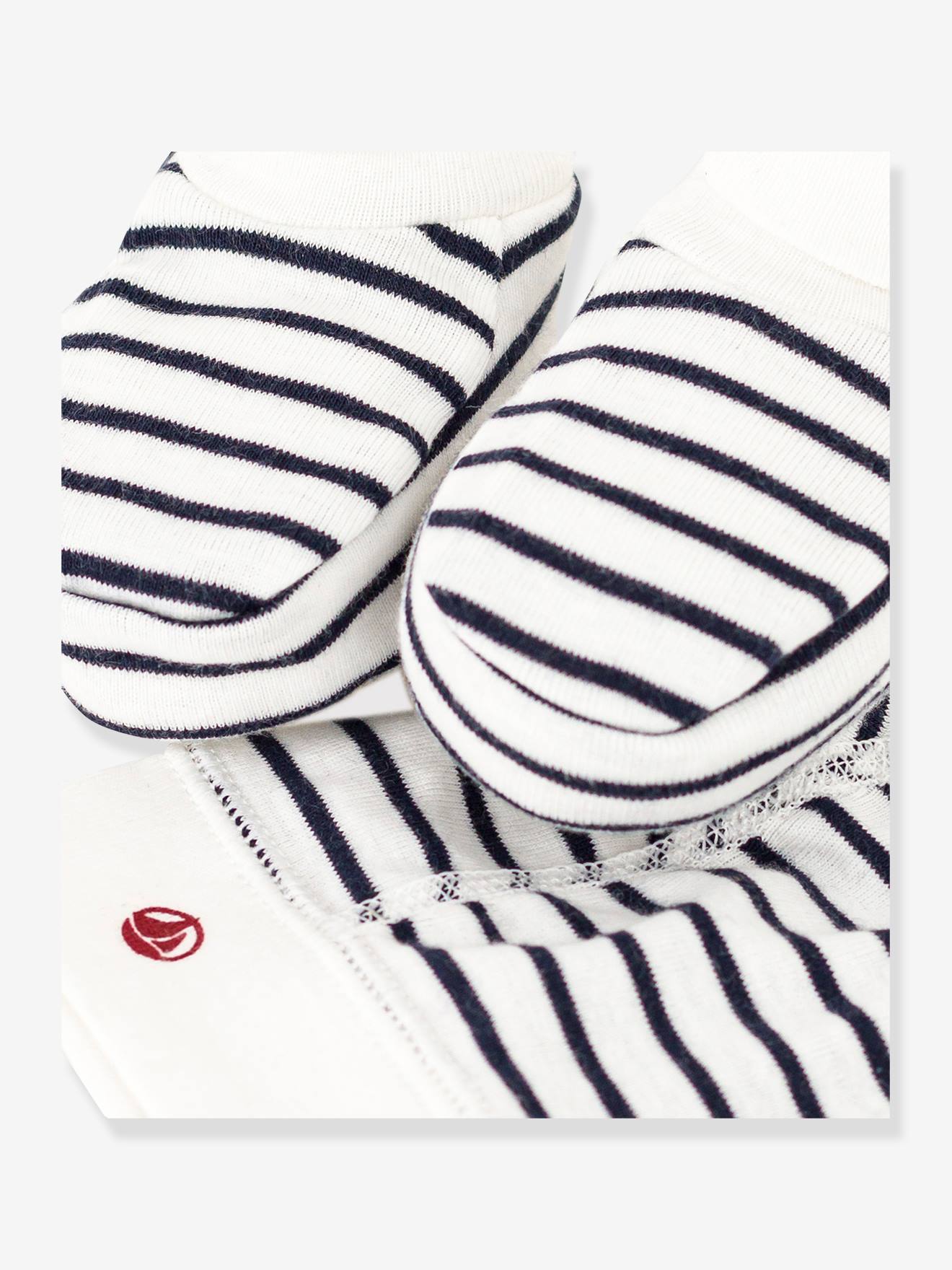Lot de bonnet et chaussons bébé marinière PETIT BATEAU blanc imprimé