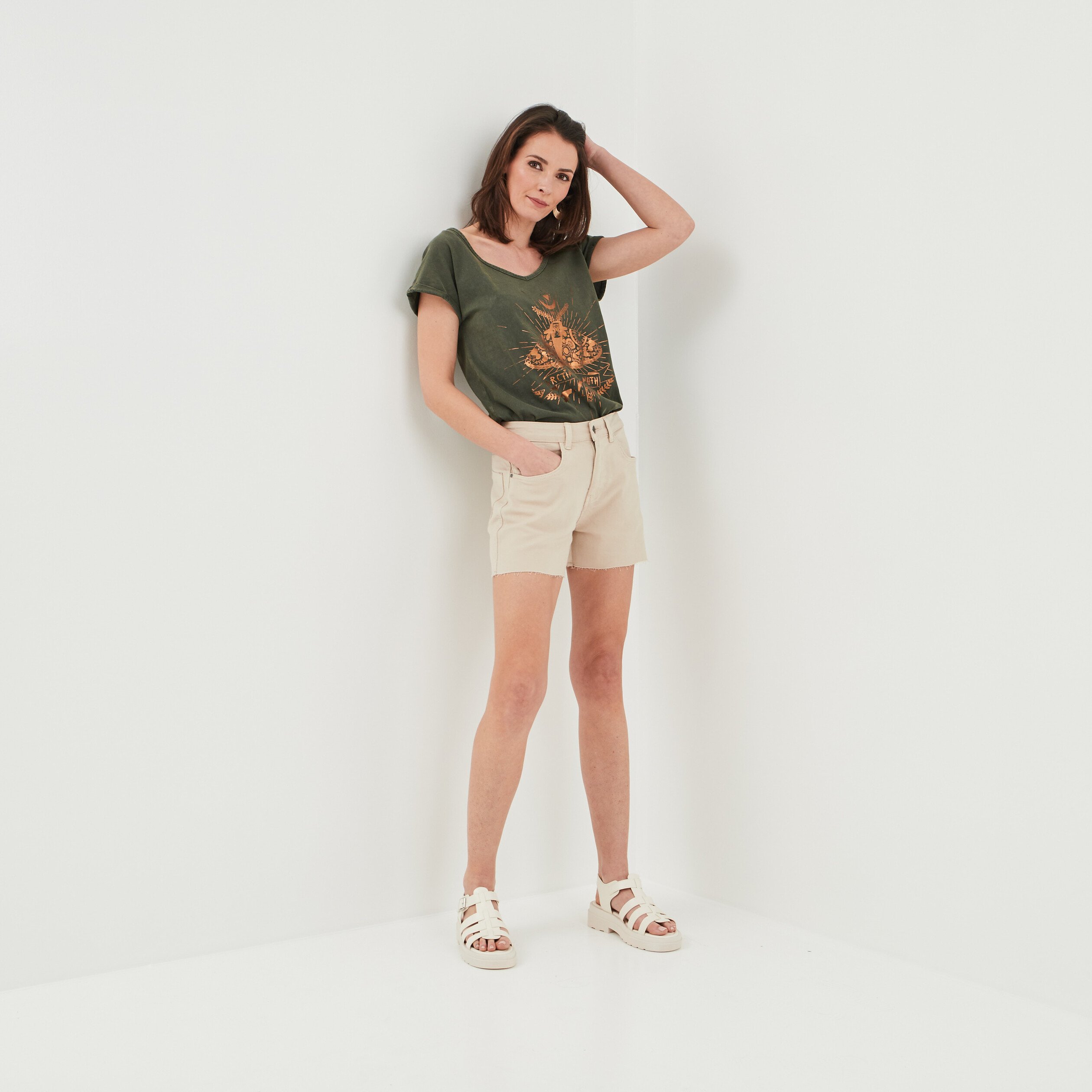 Short ajusté taille haute bords francs beige femme | La Halle