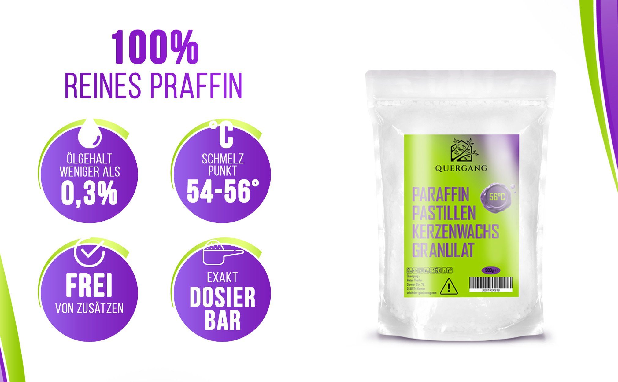 Quergang Paraffinwachs Pastillen 2kg inkl. Dochte und Dochthalter - Kerzenwachs Wachsgranulat für, optimale Ergebnisse Dank niedrigem Schmelzpunkt und geringem Ölgehalt