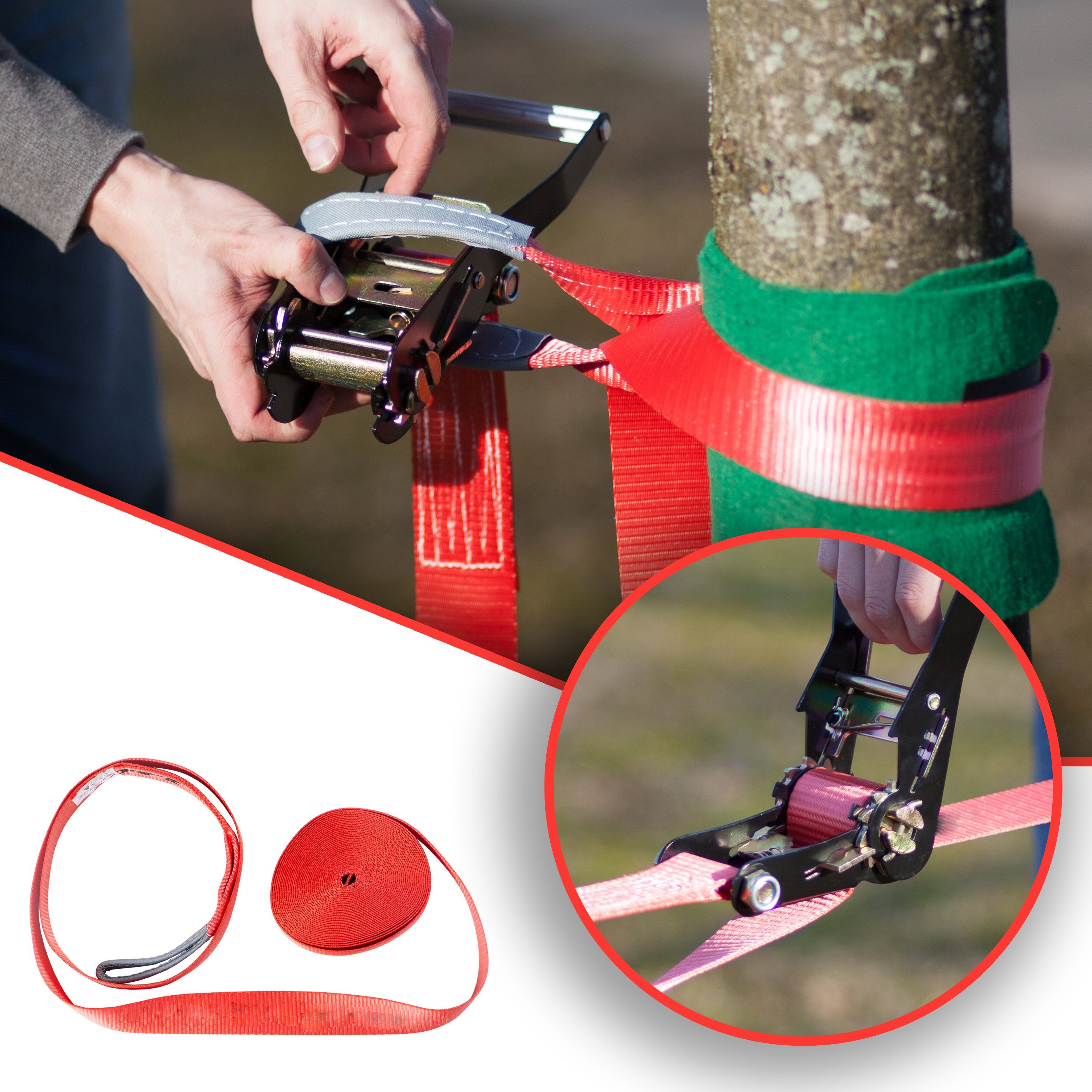 Zoomyo Slackline Komplett-Set mit Slackline 15 m Länge, inkl. Ratsche mit Schutz, Baumschützern und Hilfsseil – Slackline-Set ideal