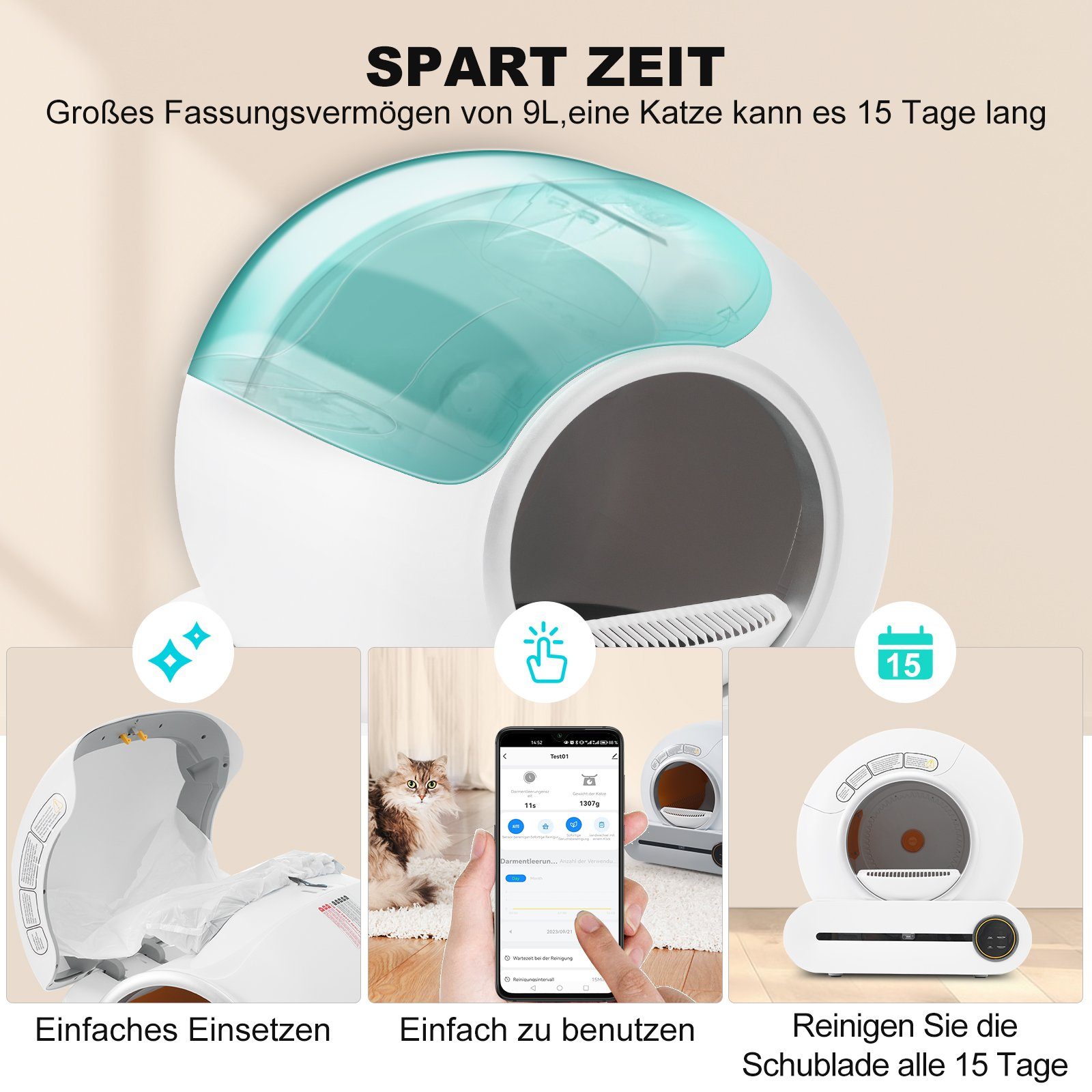 GLIESE Katzenecktoilette 65L Adaptive selbstreinigende Katzentoilette für mehrere Katzen, automatische Schöpfung,APP-gesteuert, sichere Kindersicherung