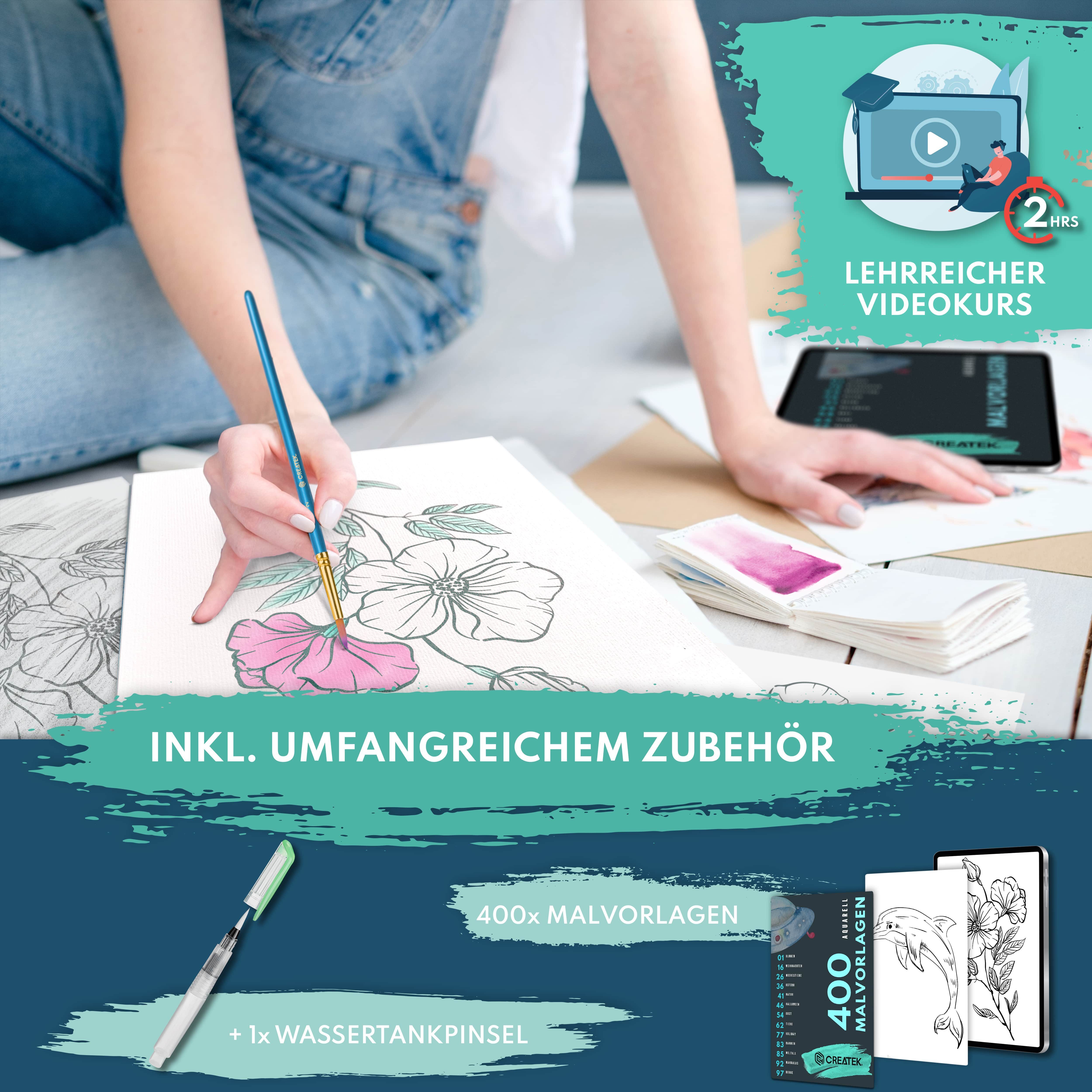 CreaTek Aquarellpapier 300g diverse Größen - Premium Qualität inkl. Pinsel & Bleistift uvm., 2 STUNDEN VIDEOKURS + 400 MALVORLAGEN