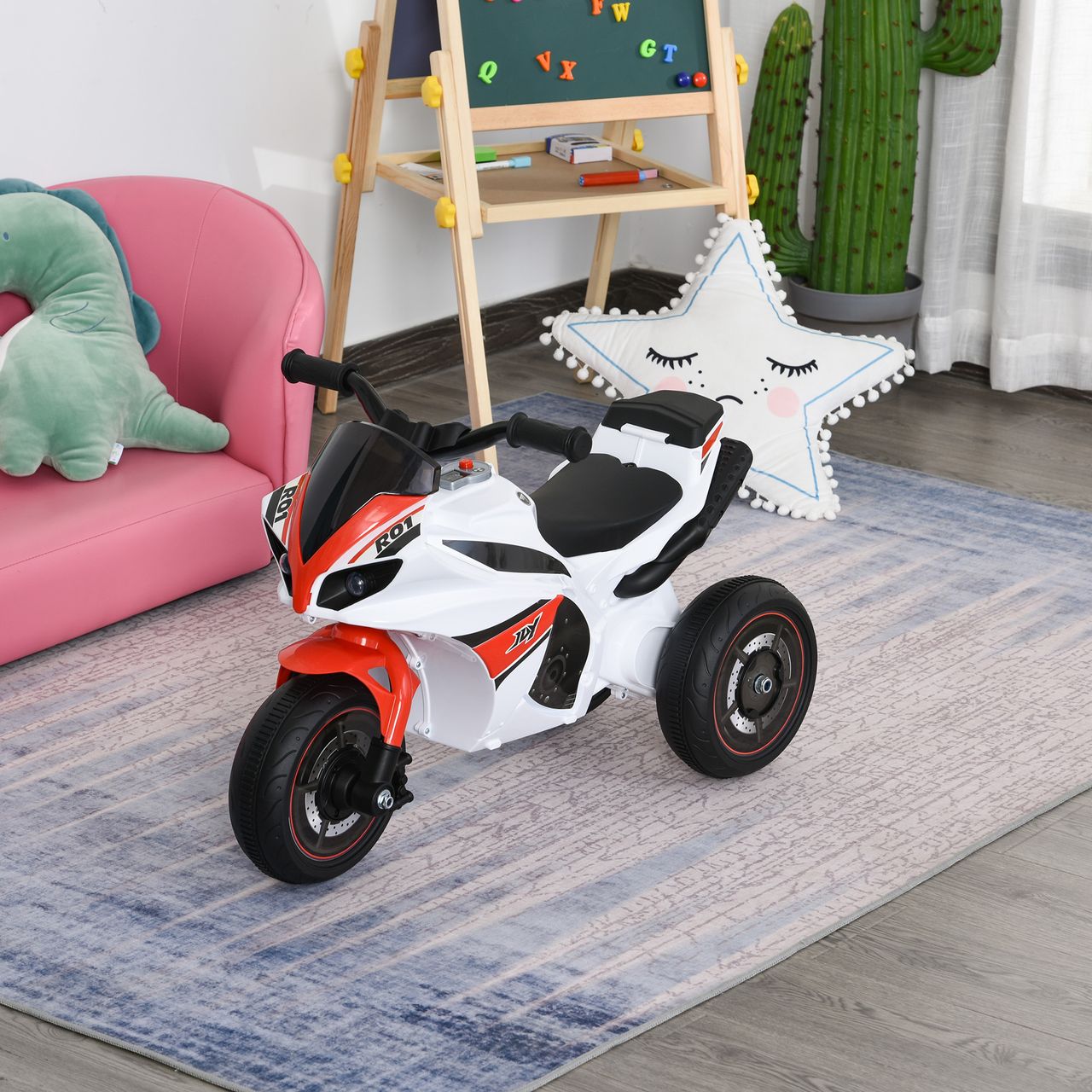 HOMCOM Rutscher Kinder-Motorad Rutscherfahrzeug Kinderfahrzeug für 18-36 Monate mit Musik Weiß 74 x 39 x 48 cm
