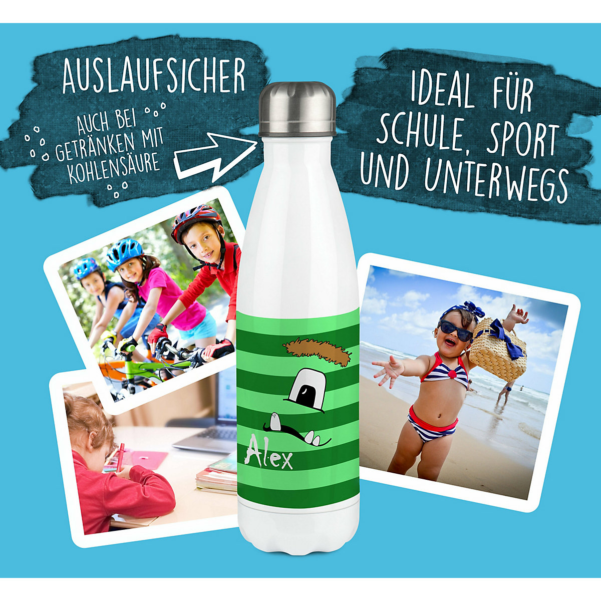 Edelstahl Kinder Thermoflasche / Trinkflasche bunt Monster Streifen Farbe grün Spülmaschinenfest, Auslaufsicher, Bruchfest, Doppelwandig, Für Heißgetränke geeignet, Mit Deckel, Isoliert