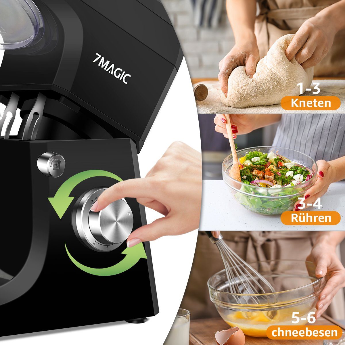 7Magic Küchenmaschine 5 in 1 Multifunktions Standmixer, 1500 W, 7 l Schüssel, 6+0 Geschwindigkeiten und vollem Zubehör