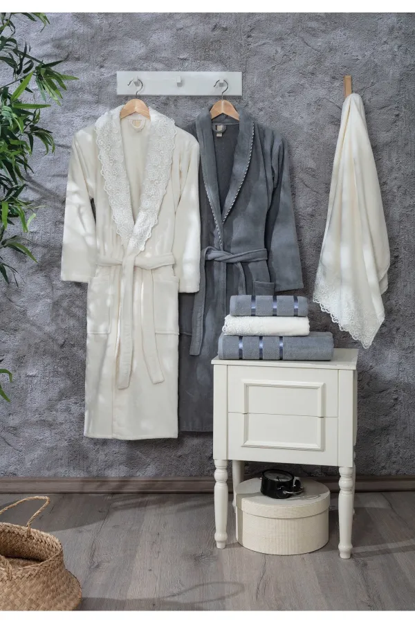 Güvenal  Paris 12-teiliges Samt-Bademantel-Set mit Spitze | Bademantel | Bademantel-Set | Mitgift festgelegt