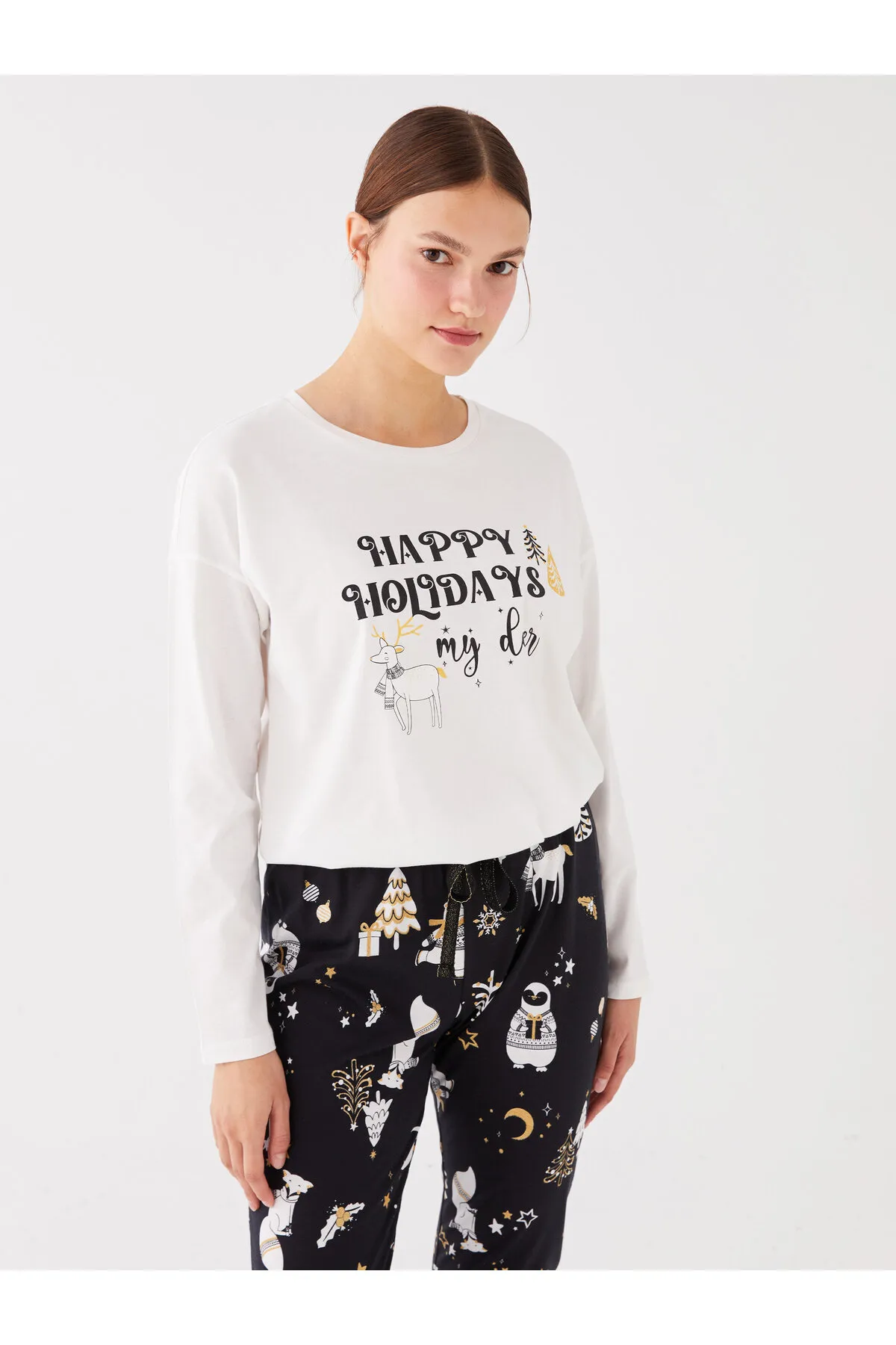LC Waikiki  Langarm-Damenpyjama-Set mit Rundhalsausschnitt und Neujahrsmotiv