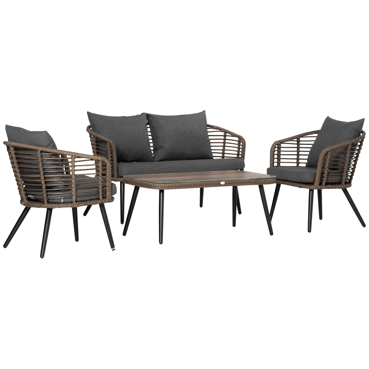 Outsunny Polyrattan Gartenmöbel Set 4-teiliges Rattensofa-Set Sitzgruppe Sitzgarnitur für Pause Lounge Teetisch mit Sofa Kissen Stahl Braun Grau
