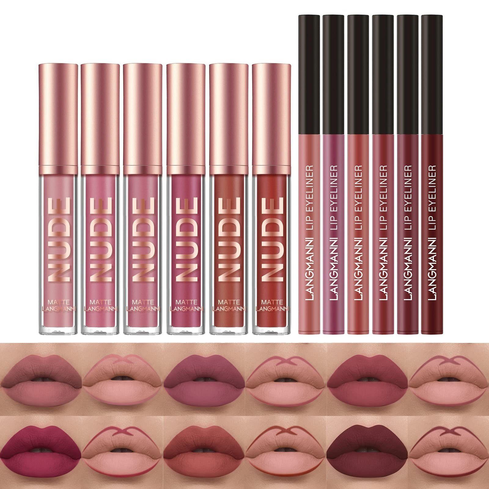 POCHUMIDUU Lippenstift-Set 12 Stück Lipgloss-Set, 6 Lippenstifte mit 6 Lippenkonturenstiften, 12-tlg., Wasserfest, Hochpigmentierter Samt, Lipgloss-Set