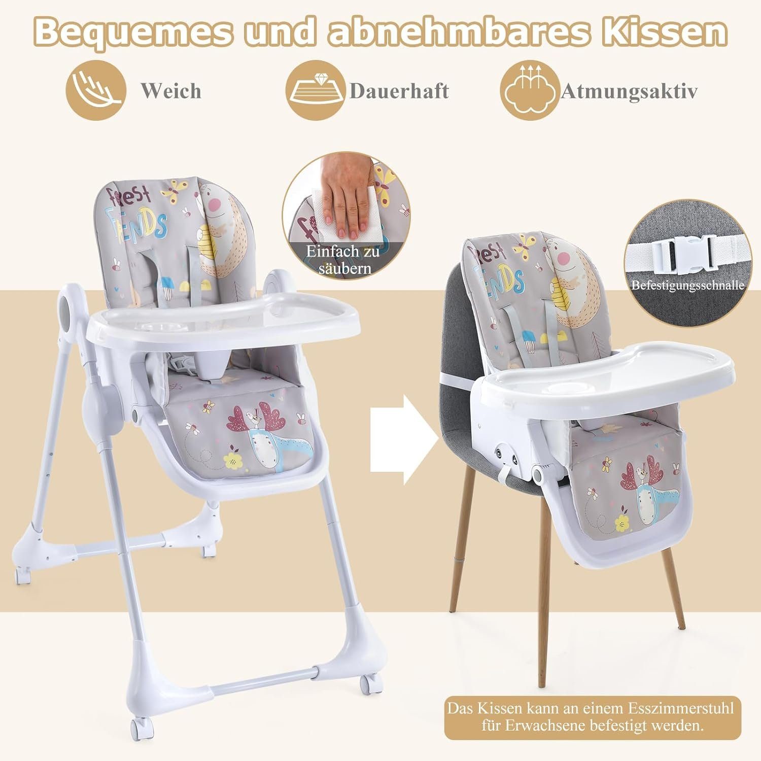 KOMFOTTEU Hochstuhl 3-in-1, mit Rollen für Kinder 6-36 Monate