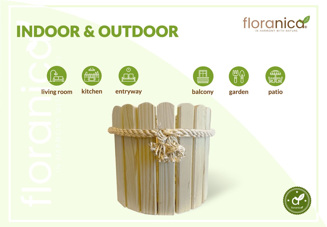 Pemicont Floranica Runder Blumentopf aus Holz 33x20cm Nicht imprägniertes Kiefernholz Schutzhülle für Kräuter Blumen Haus- und Gartendekoration Truhe Für den Innen- und Außenbereich EU-Produkt