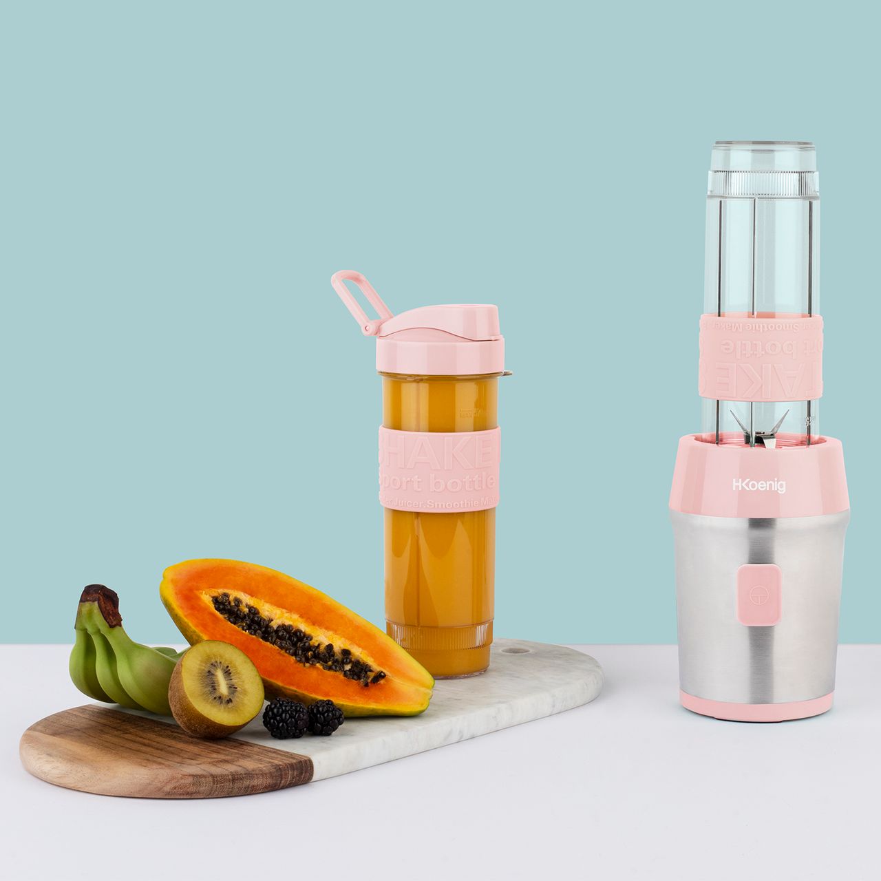 H.Koenig Mini-Mixer/Smoothiemaker SMOO12 /kompakt / 570 ml / BPA-frei / leistungsstark / 300 W / 4 Edelstahlklingen / 2 Flaschen mit Reisedeckel inklusive, Pink